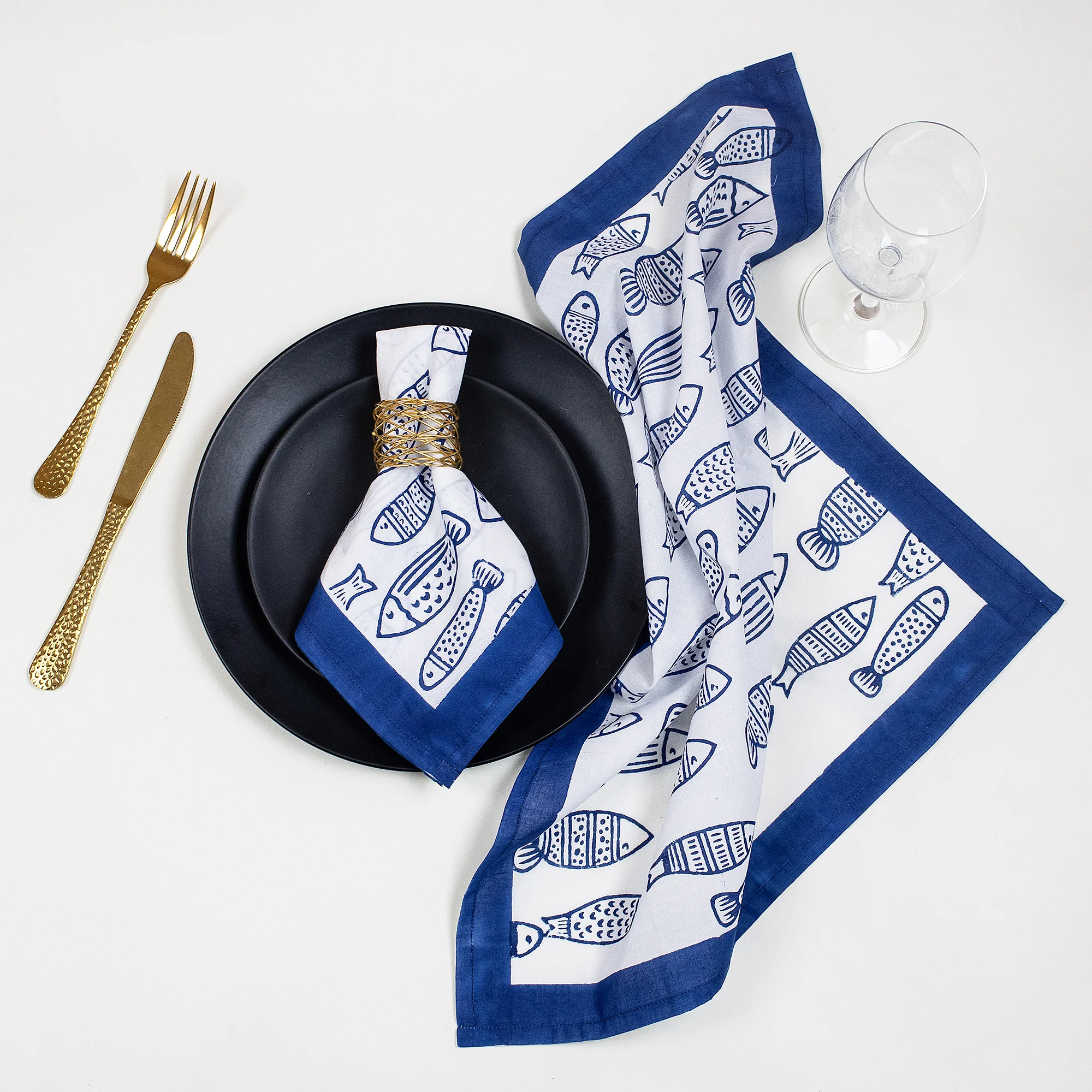 Animal Hand Block Fish Print Cotton Napkin Cloth - Image 5