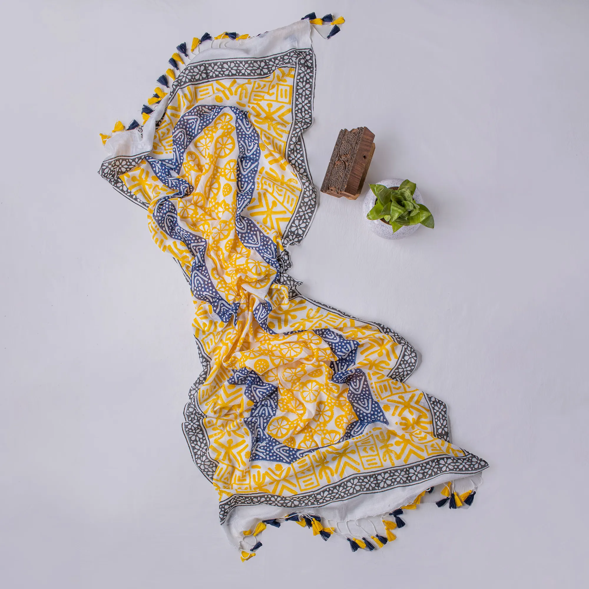 Multicolor Indian Handmade Block Printed Cotton Women's Daily use Tassels Stole - Image 5