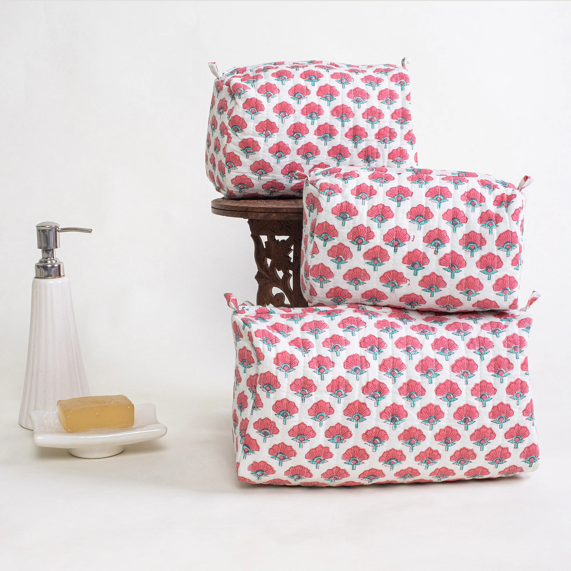 Decorative Floral Hand Printed Cotton Toiletries Bag Set of 3