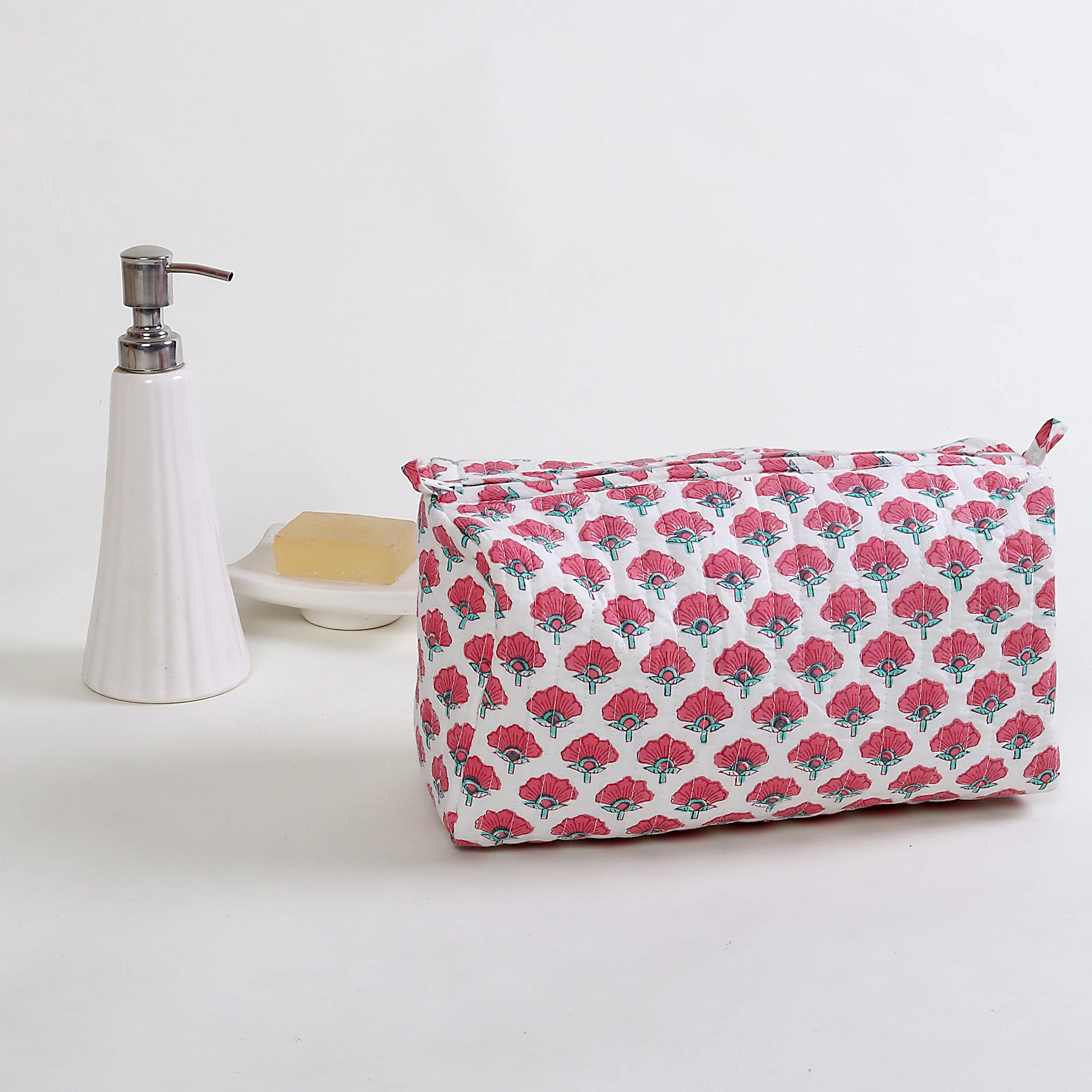 Decorative Floral Hand Printed Cotton Toiletries Bag Set of 3 - Image 2