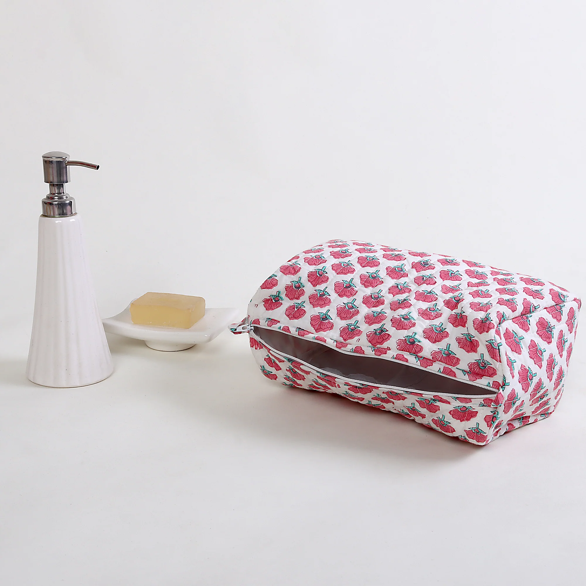 Decorative Floral Hand Printed Cotton Toiletries Bag Set of 3 - Image 3