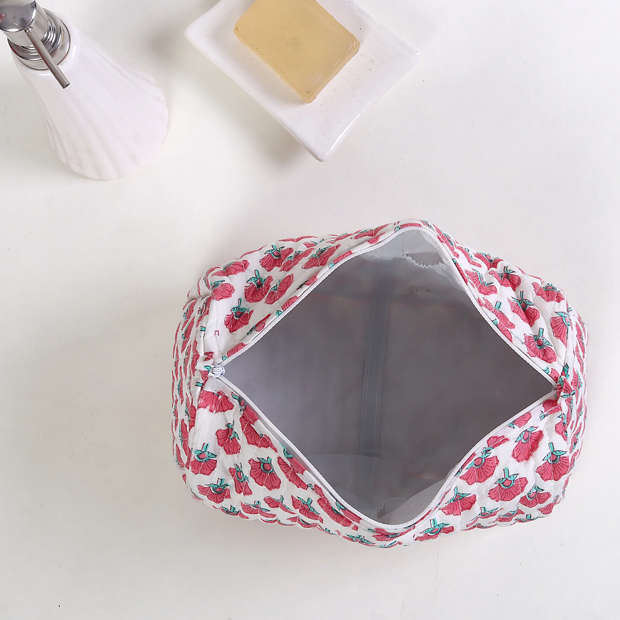 Decorative Floral Hand Printed Cotton Toiletries Bag Set of 3 - Image 4