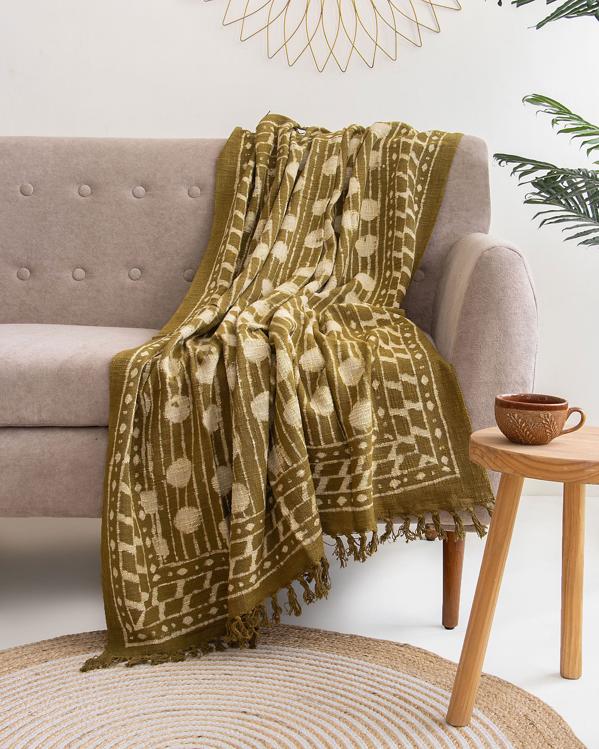 Handcrafted Polka Dots Block Printed Indian Cotton Throw Blanket