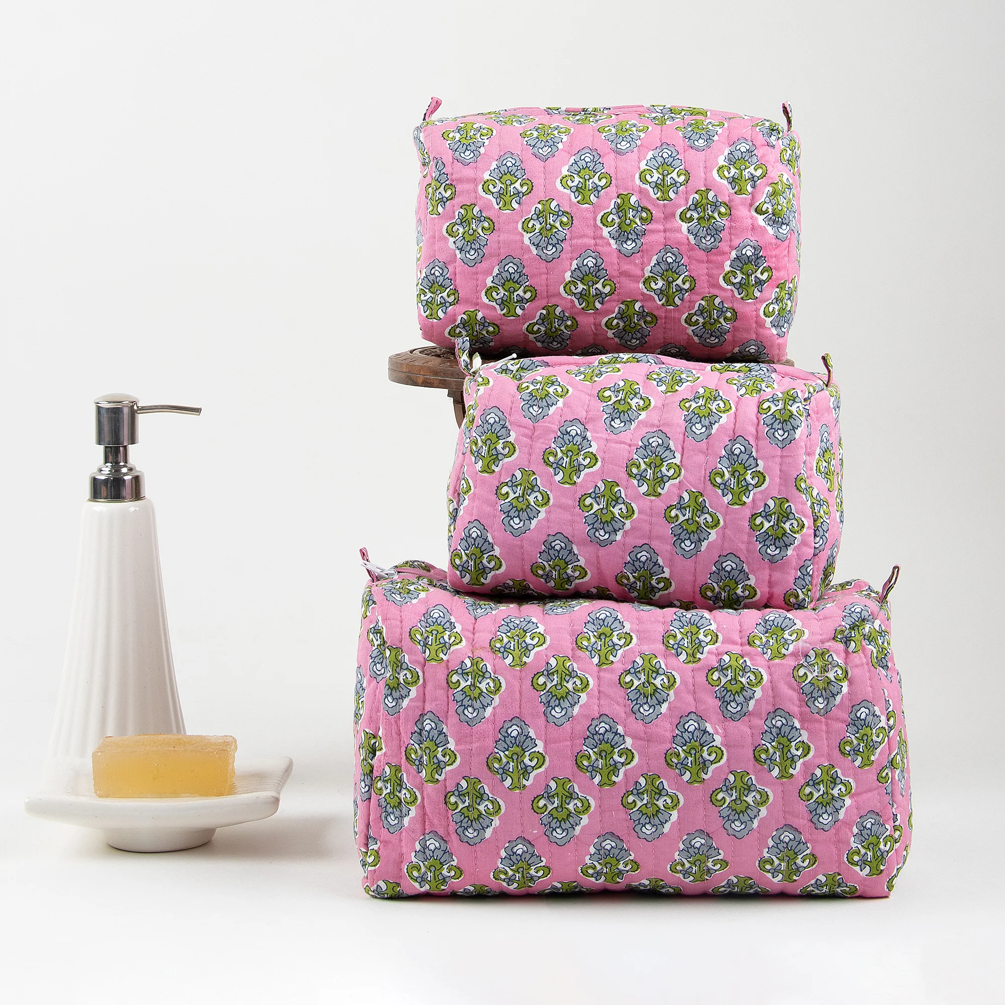 Hand Block Boota Set of 3 Cotton Indian Travel Toiletry Bag