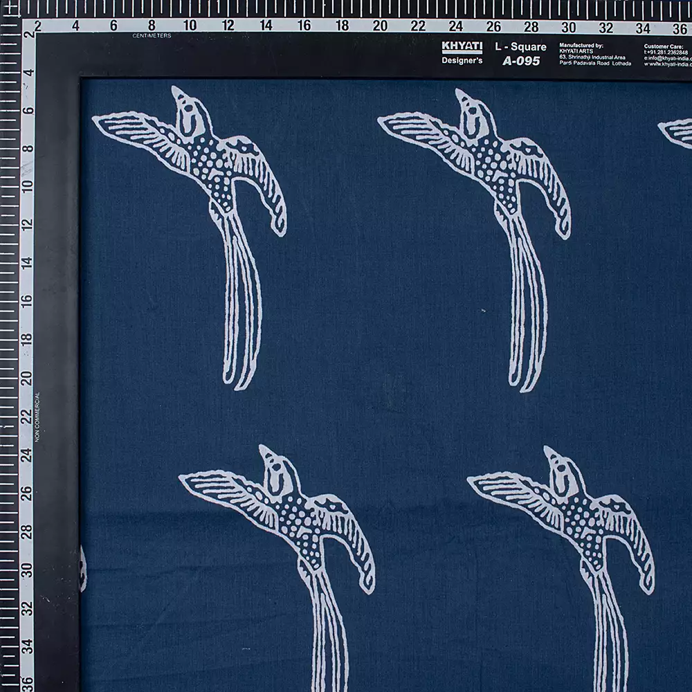 Bird Print Hand Block Cotton Blue Discharge Fabric by the Yard - Image 3