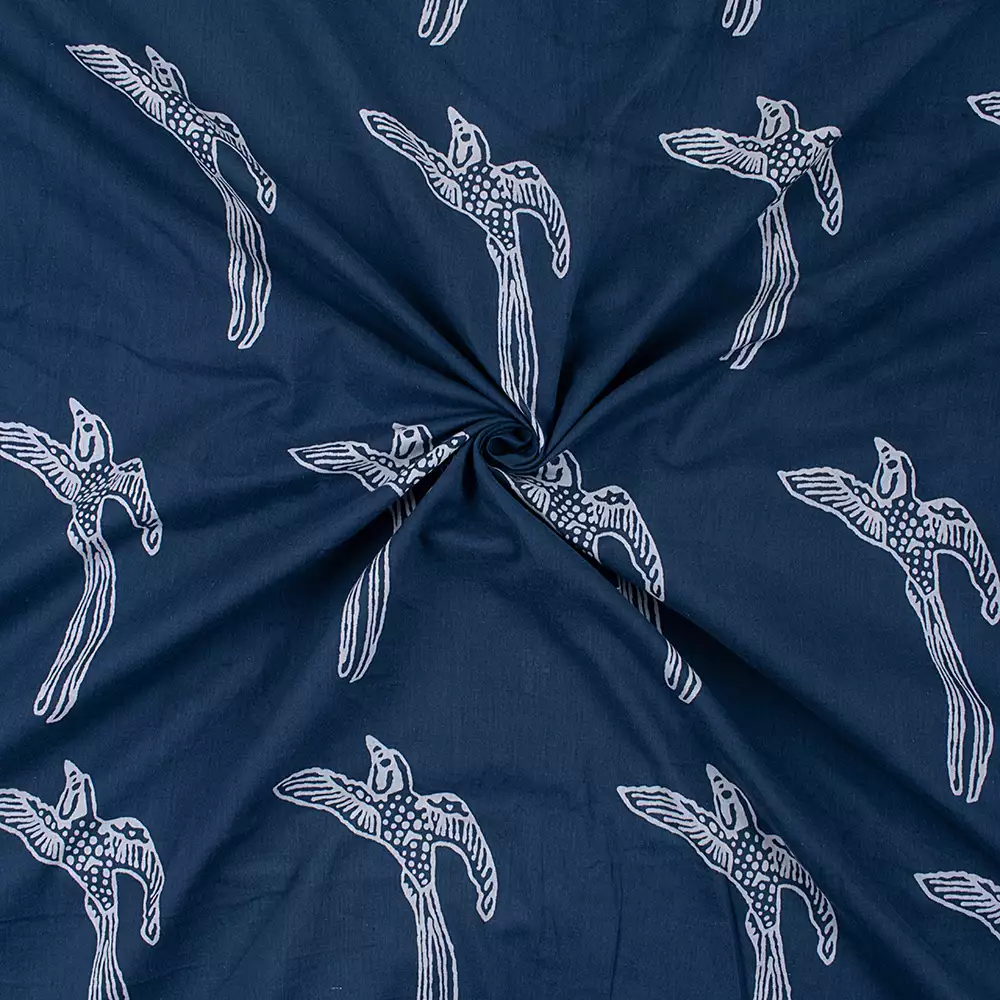 Bird Print Hand Block Cotton Blue Discharge Fabric by the Yard - Image 4