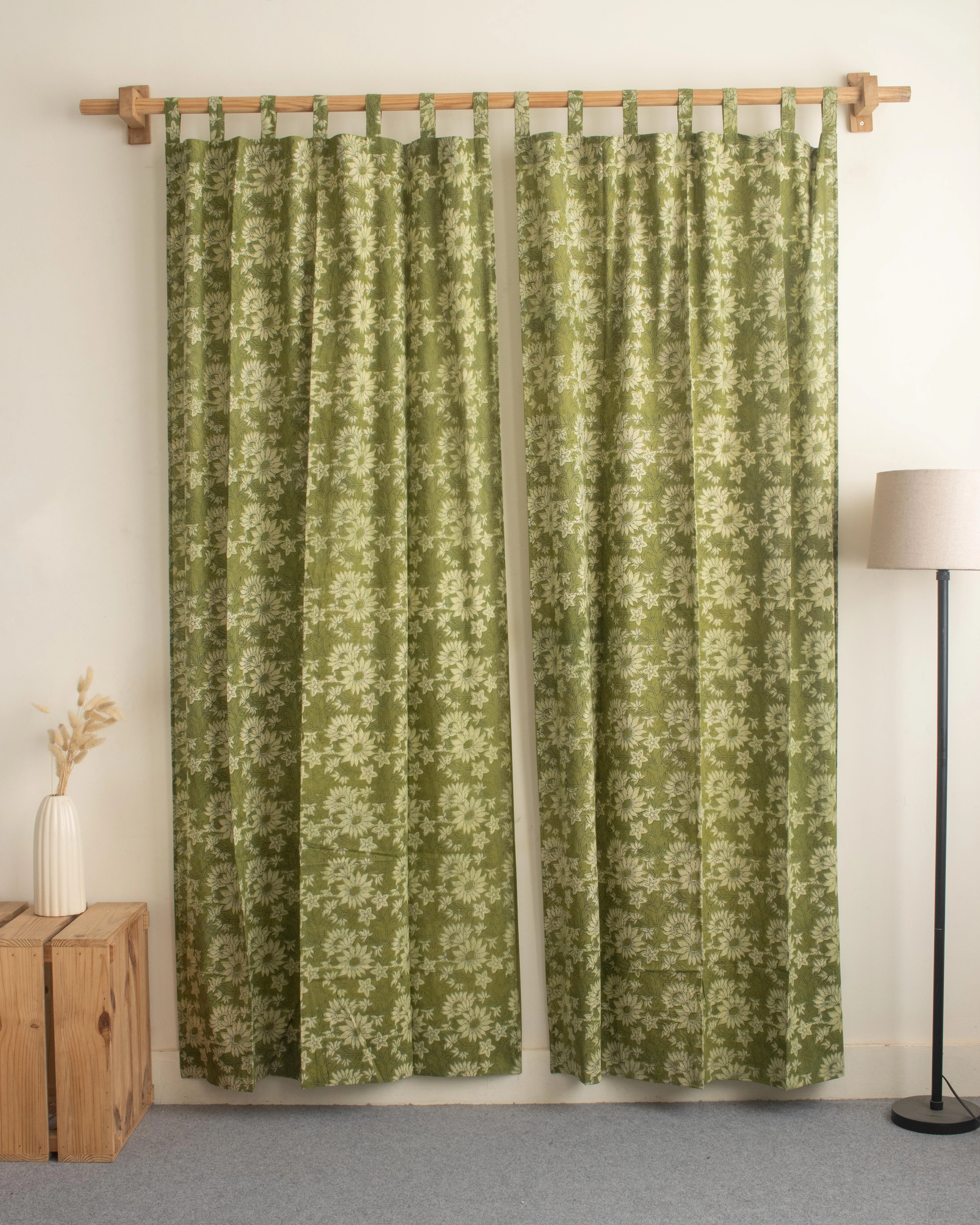 White Floral Block Printed Cotton Drapes for Living Room - Image 2