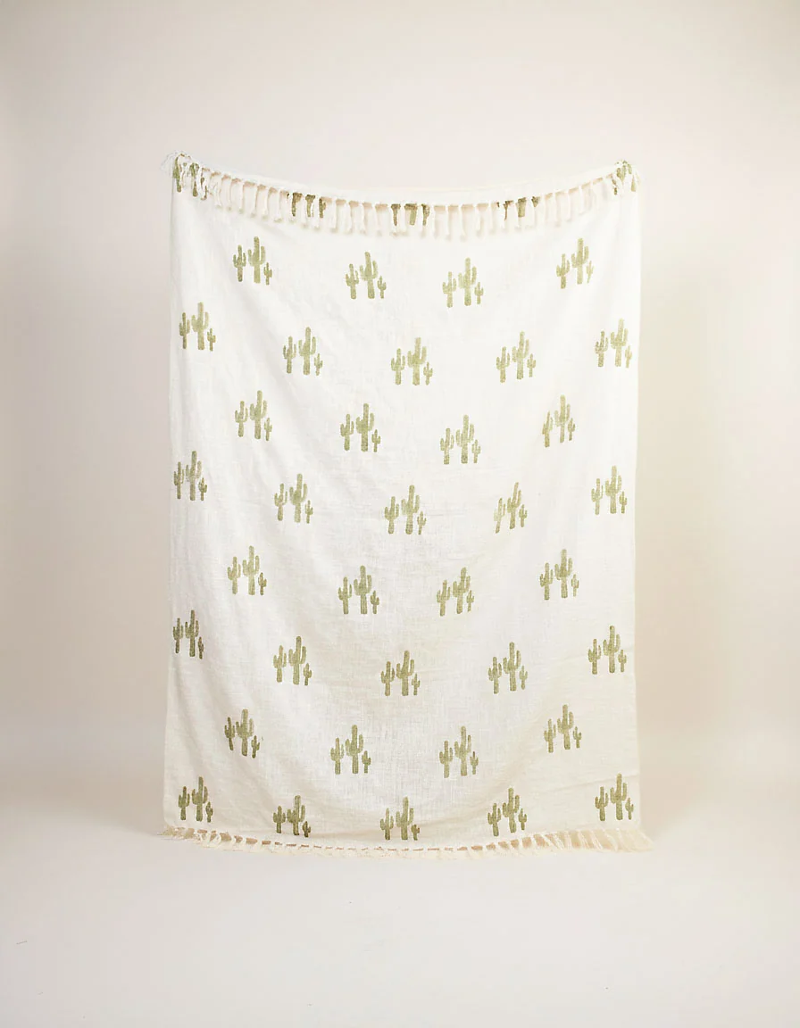 Block Printed Cotton Throw Blanket - Desert Cactus - Image 2