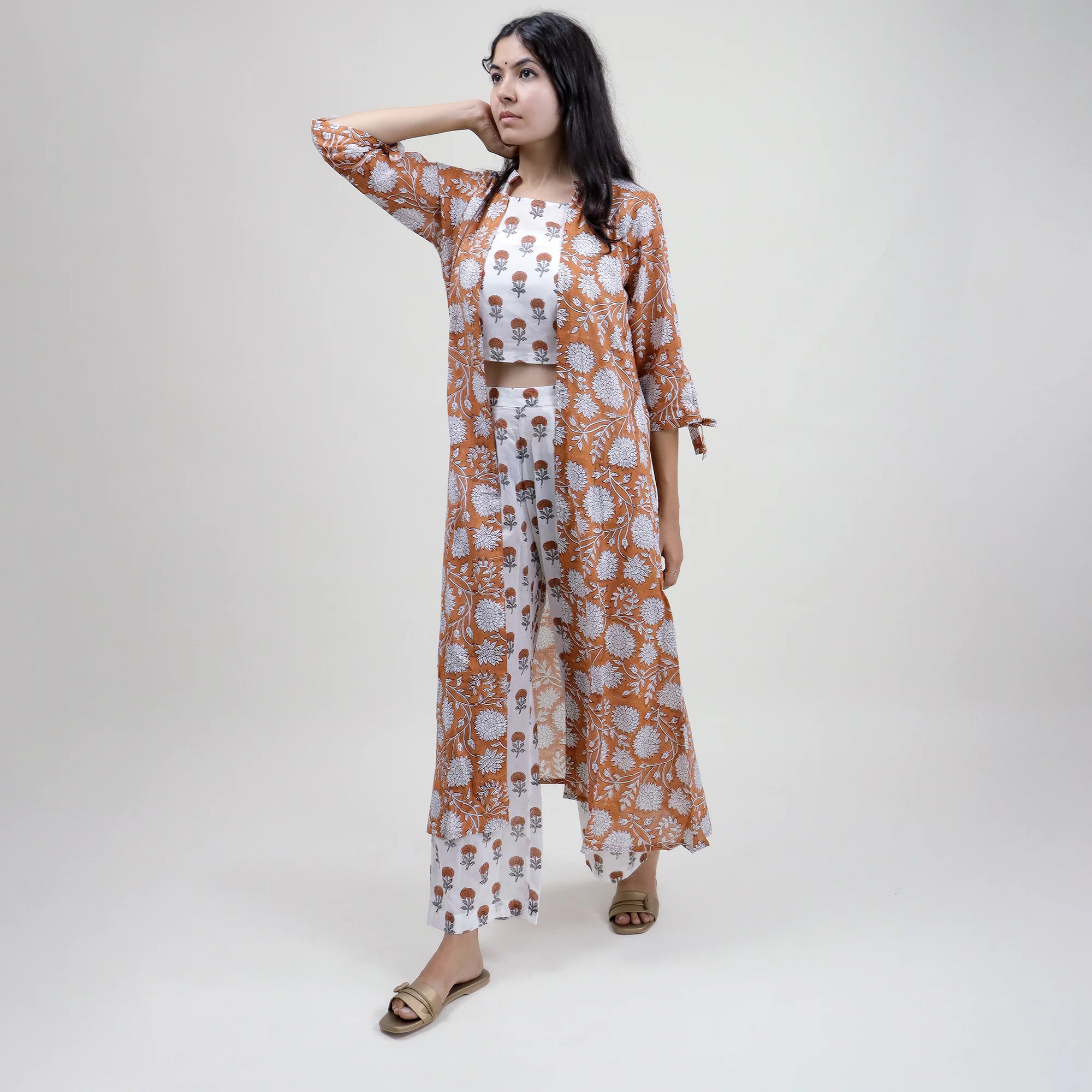 Block Printed Women Floral 3 Piece Shrug Set For Events - Image 6