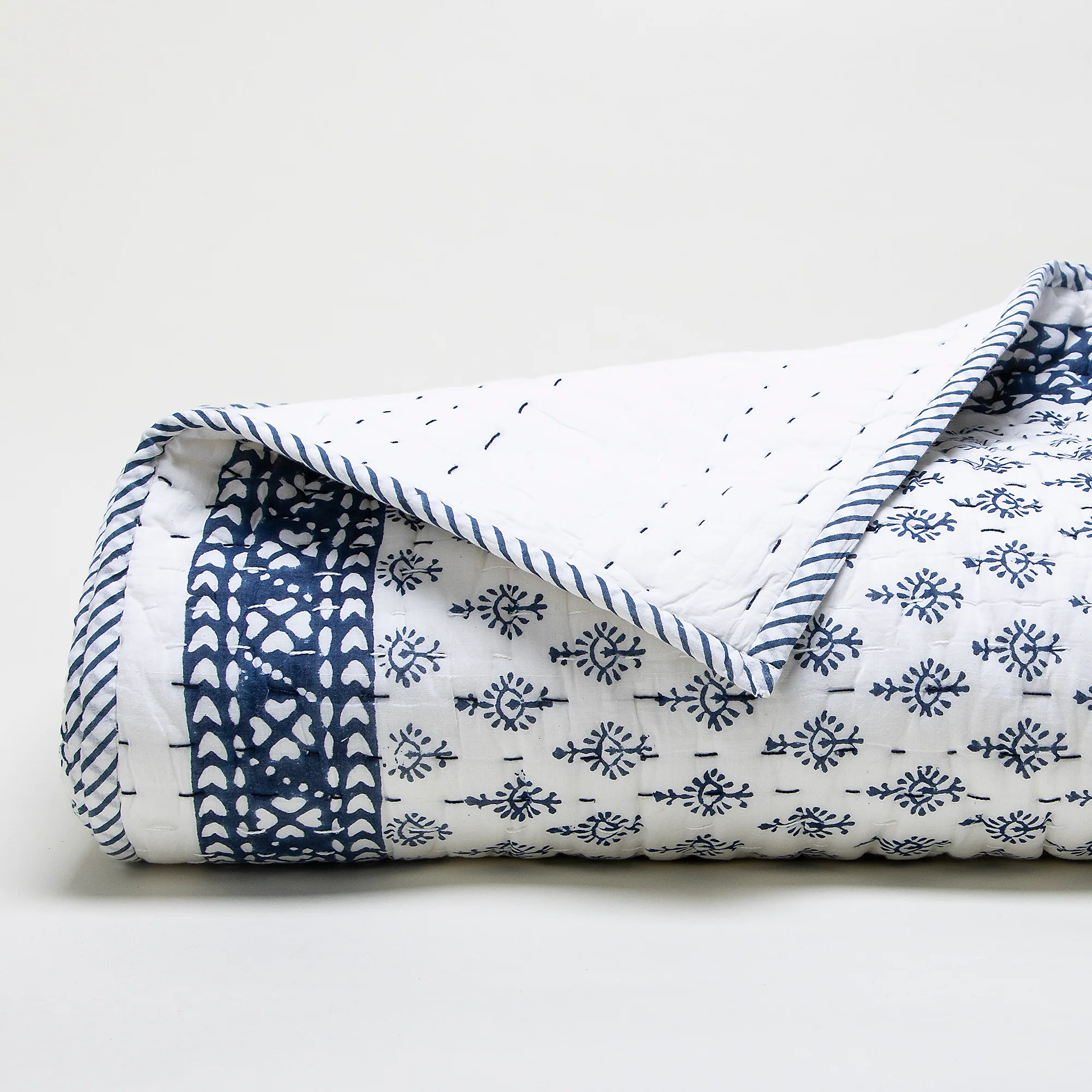 Blue Booti Cotton Hand Block Print Kantha Quilt Blanket - Image 3