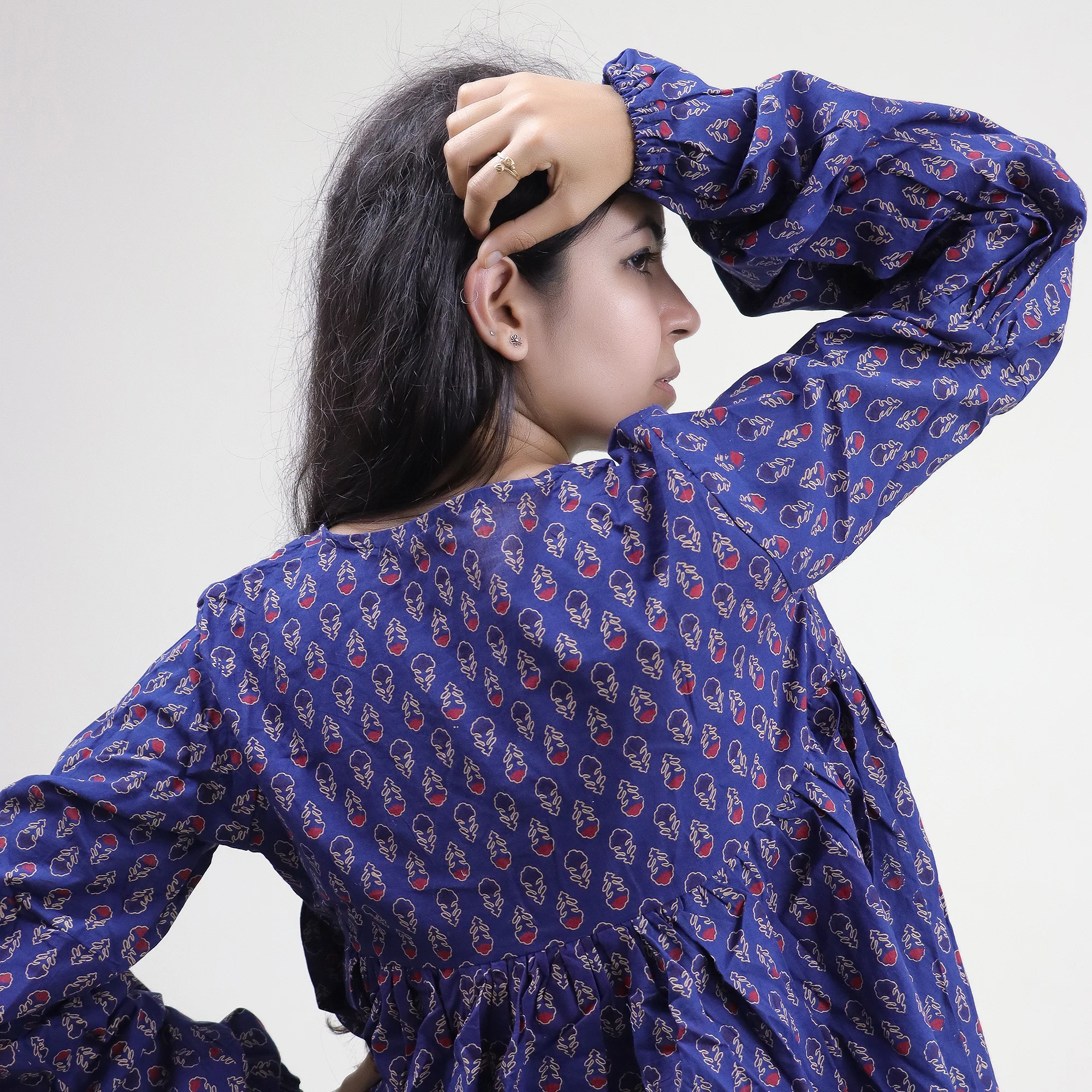 Block Printed Blue Buti Indian Handmade Cotton Stylish Women's Top - Image 6