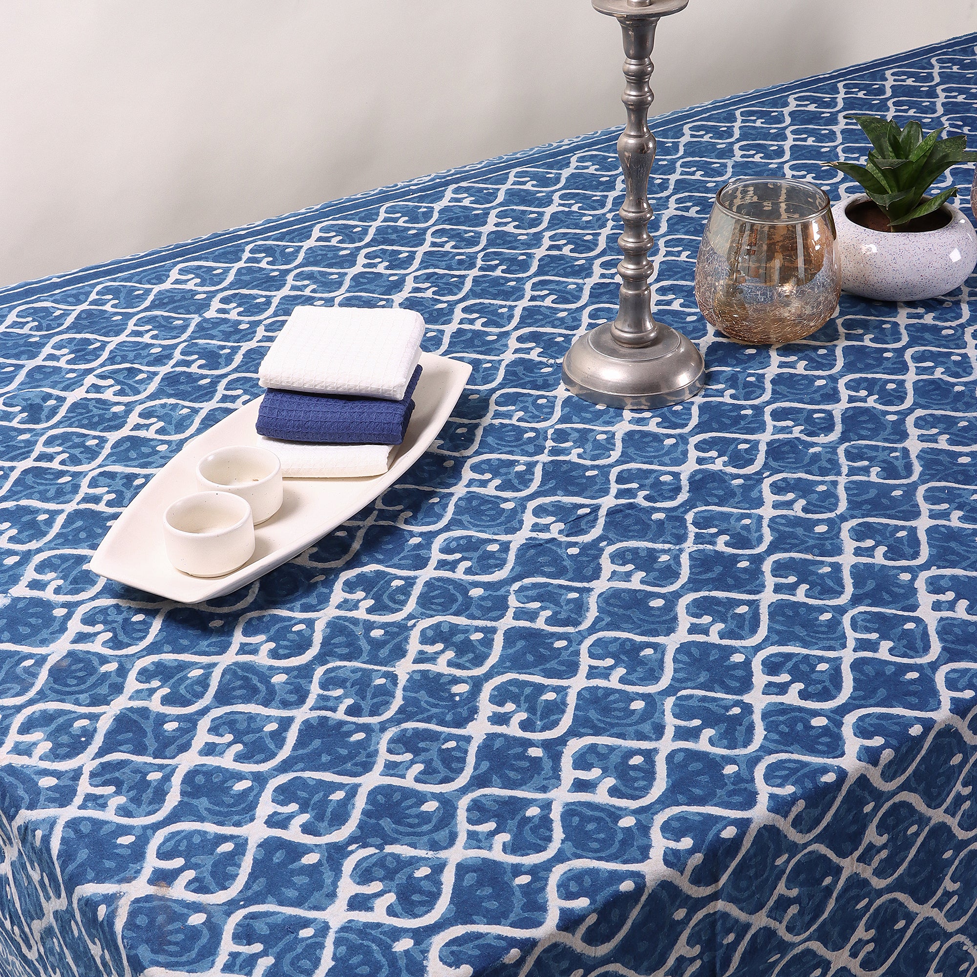 Blue Block Printed Heart Shape Dabu Cotton Dining Room Table Cover - Image 5