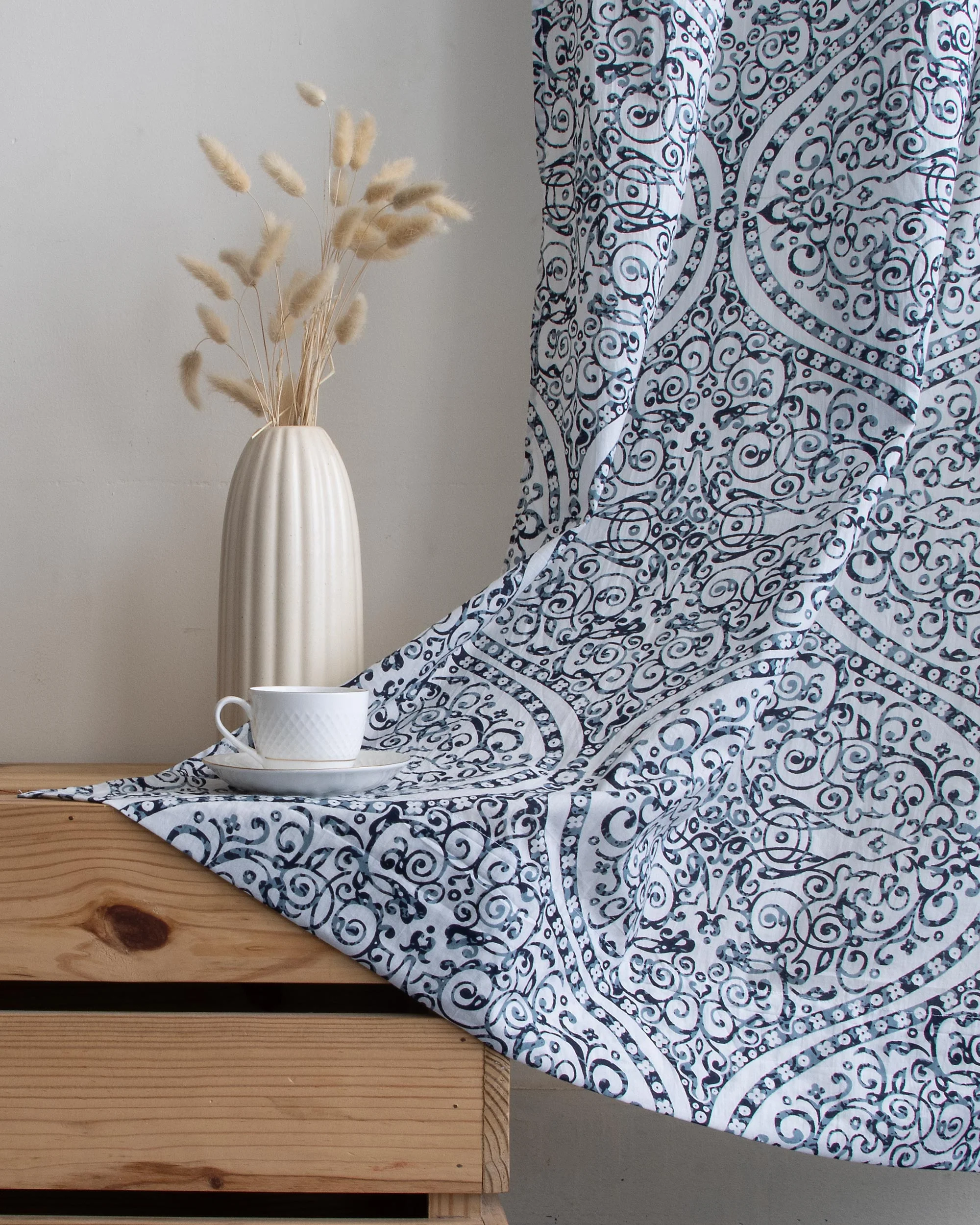 Blue Design Block Printed Cotton Curtains for Window - Image 4