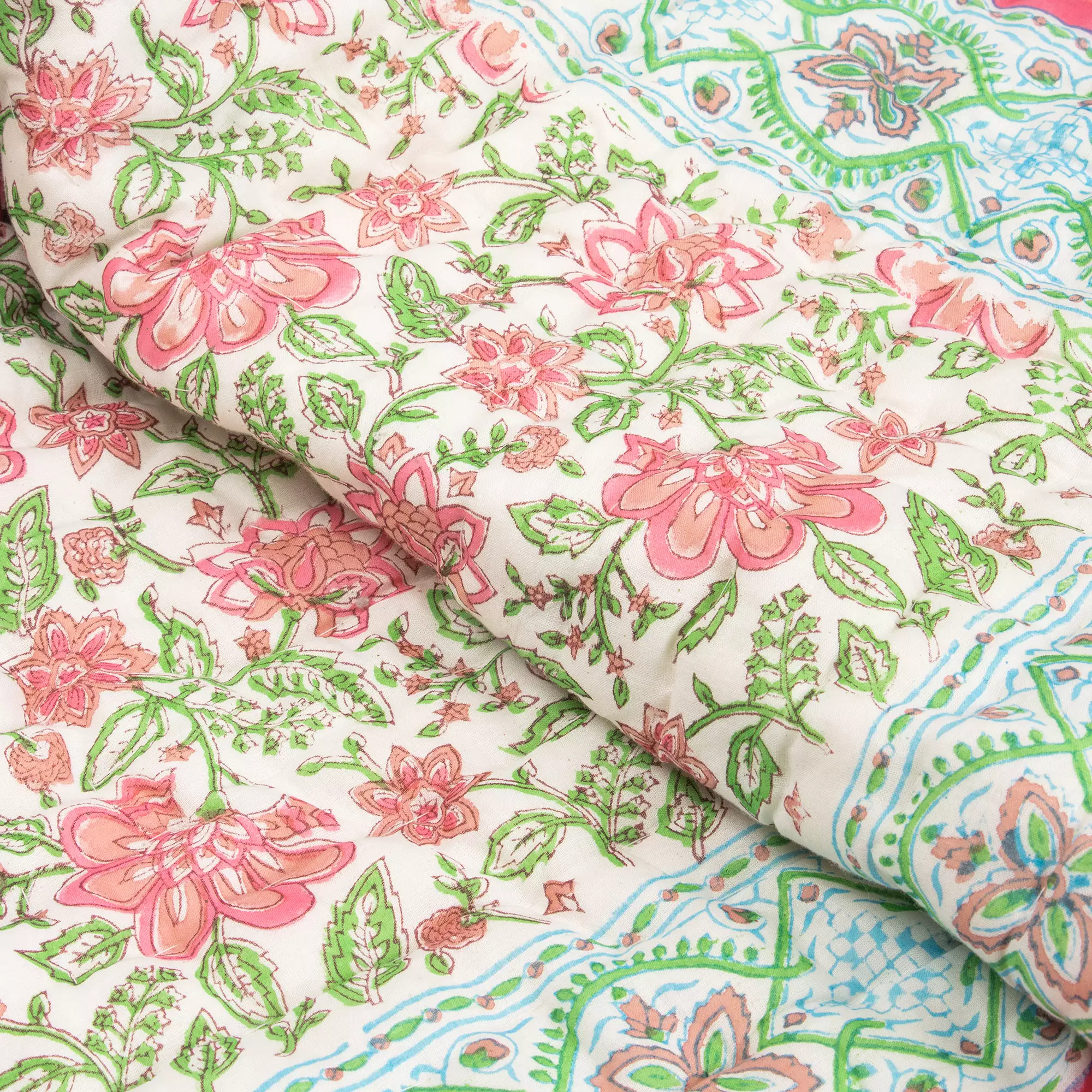 Blue Floral Cotton Hand Block Printed Reversible Jaipuri Razai - Image 5