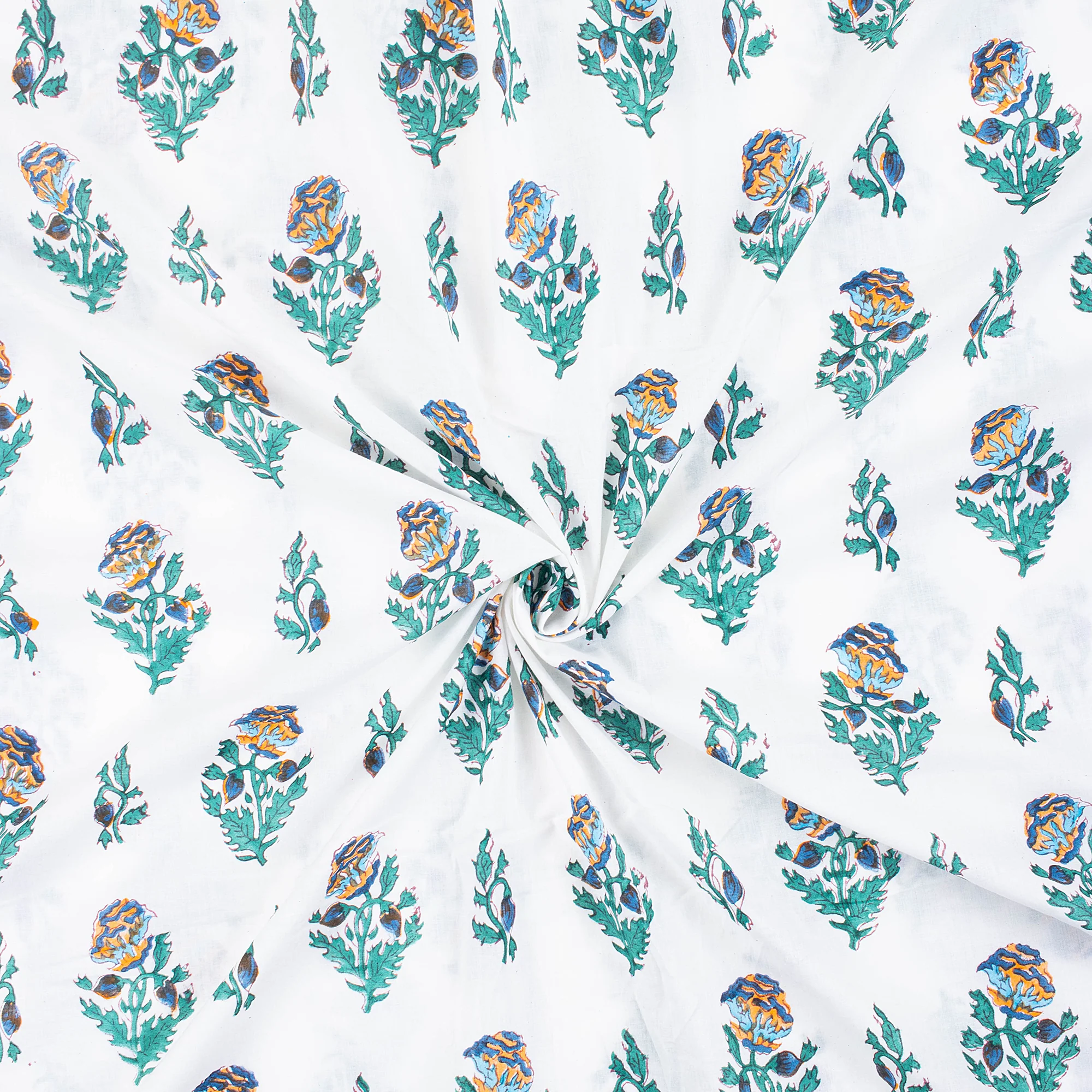 Blue Floral Hand Block Printed Cotton Running Fabric - Image 2