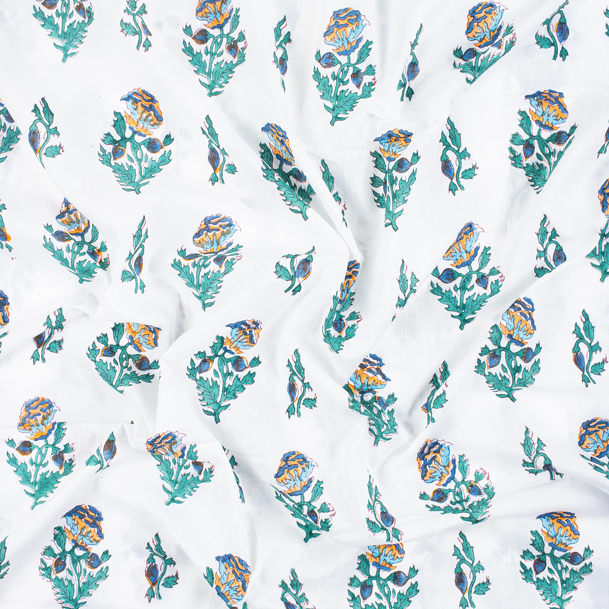 Blue Floral Hand Block Printed Cotton Running Fabric - Image 4