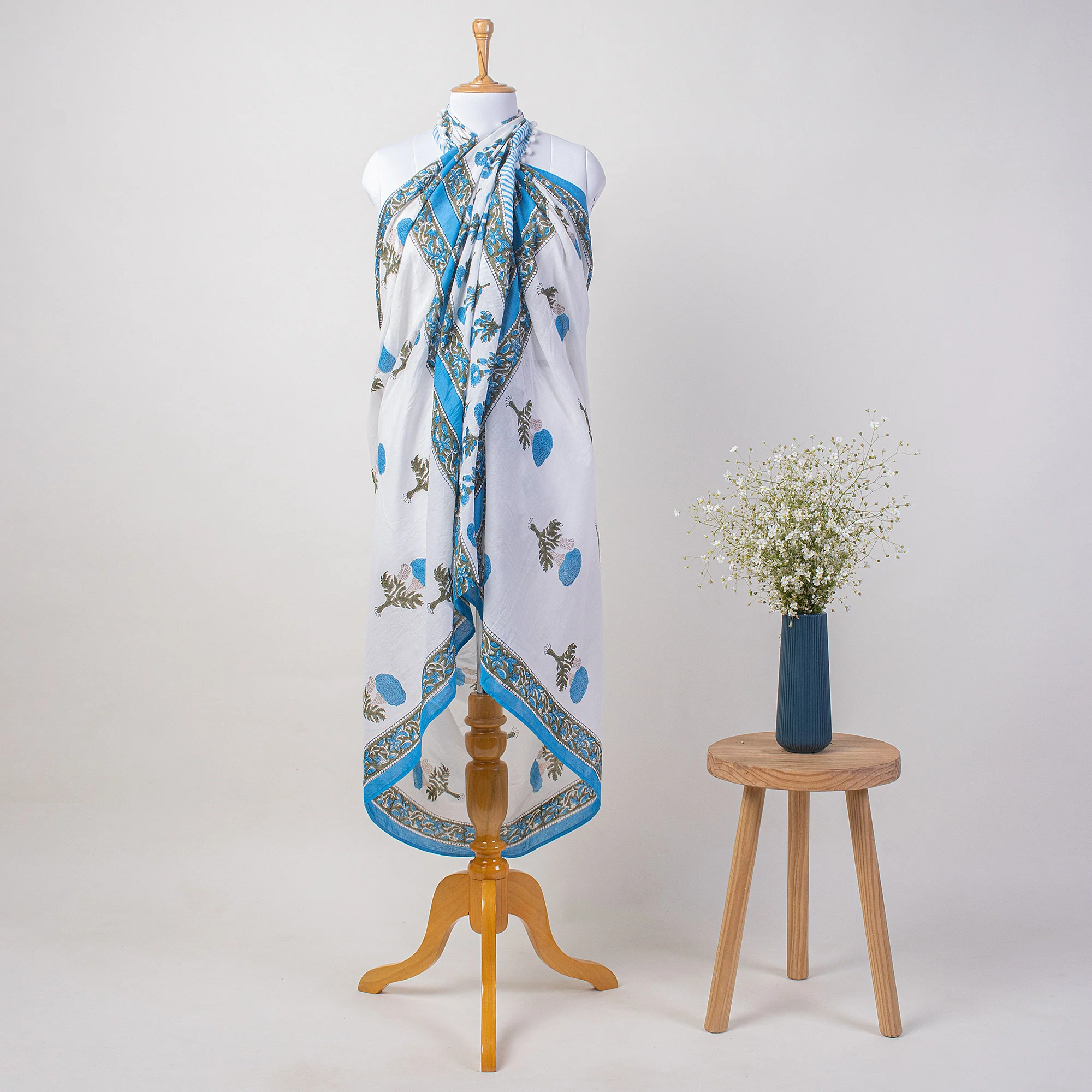 Floral Hand Block Printed Cotton Sarong For Women - Image 3