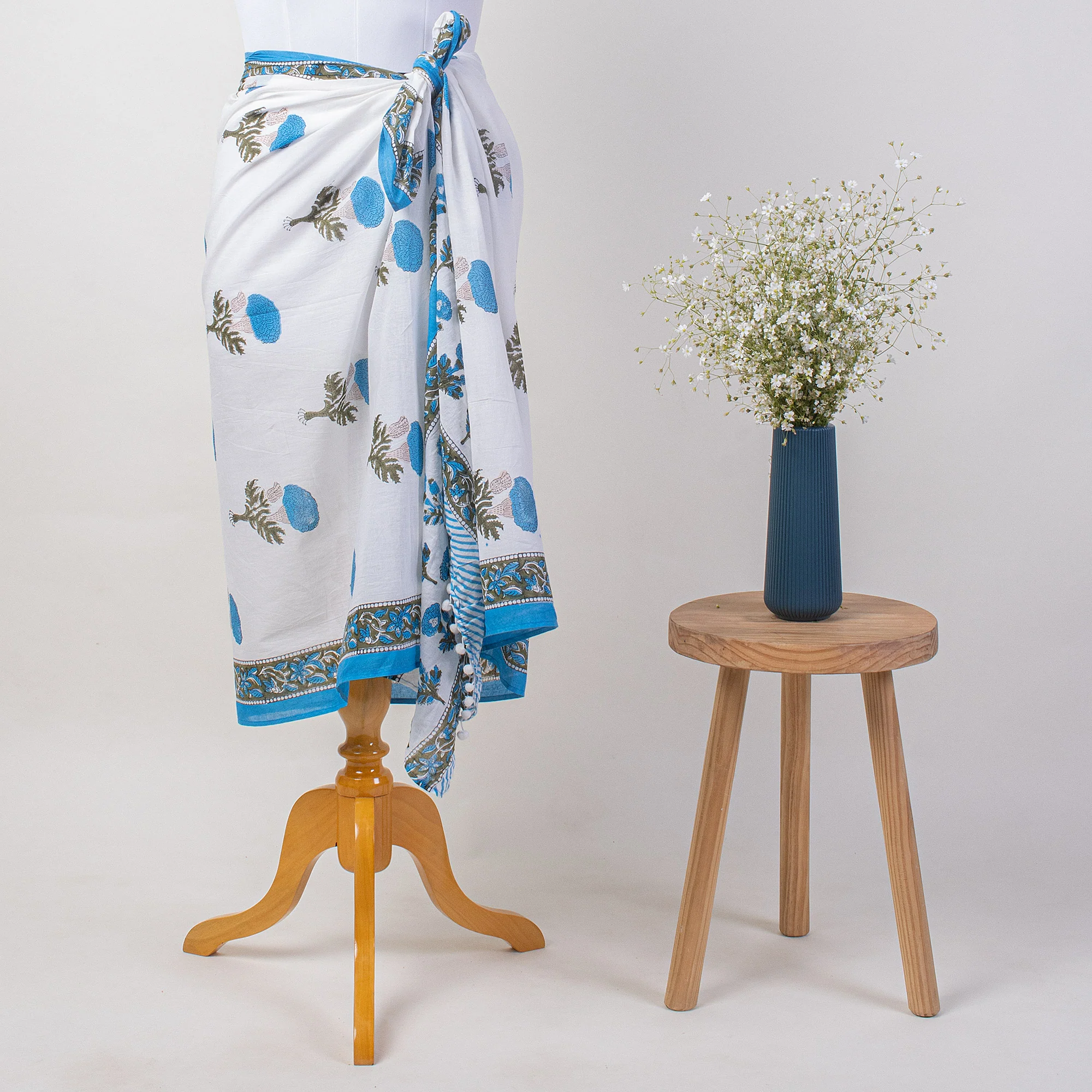 Floral Hand Block Printed Cotton Sarong For Women - Image 5
