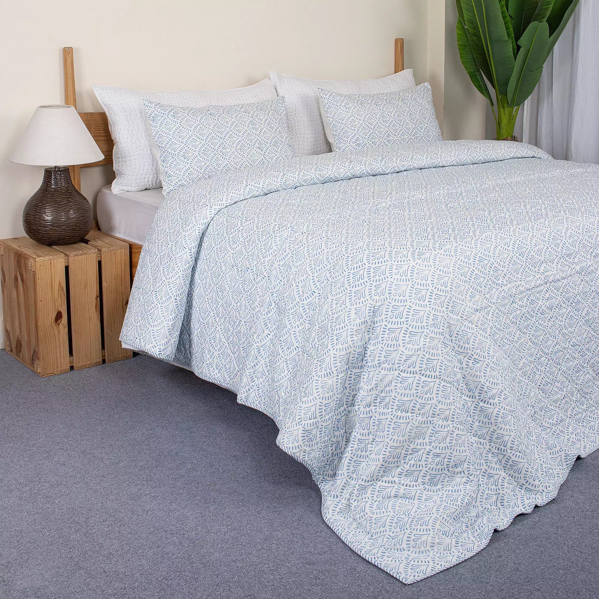 Blue Floral Hand Block Printed Machine Quilts Best Cotton Blanket