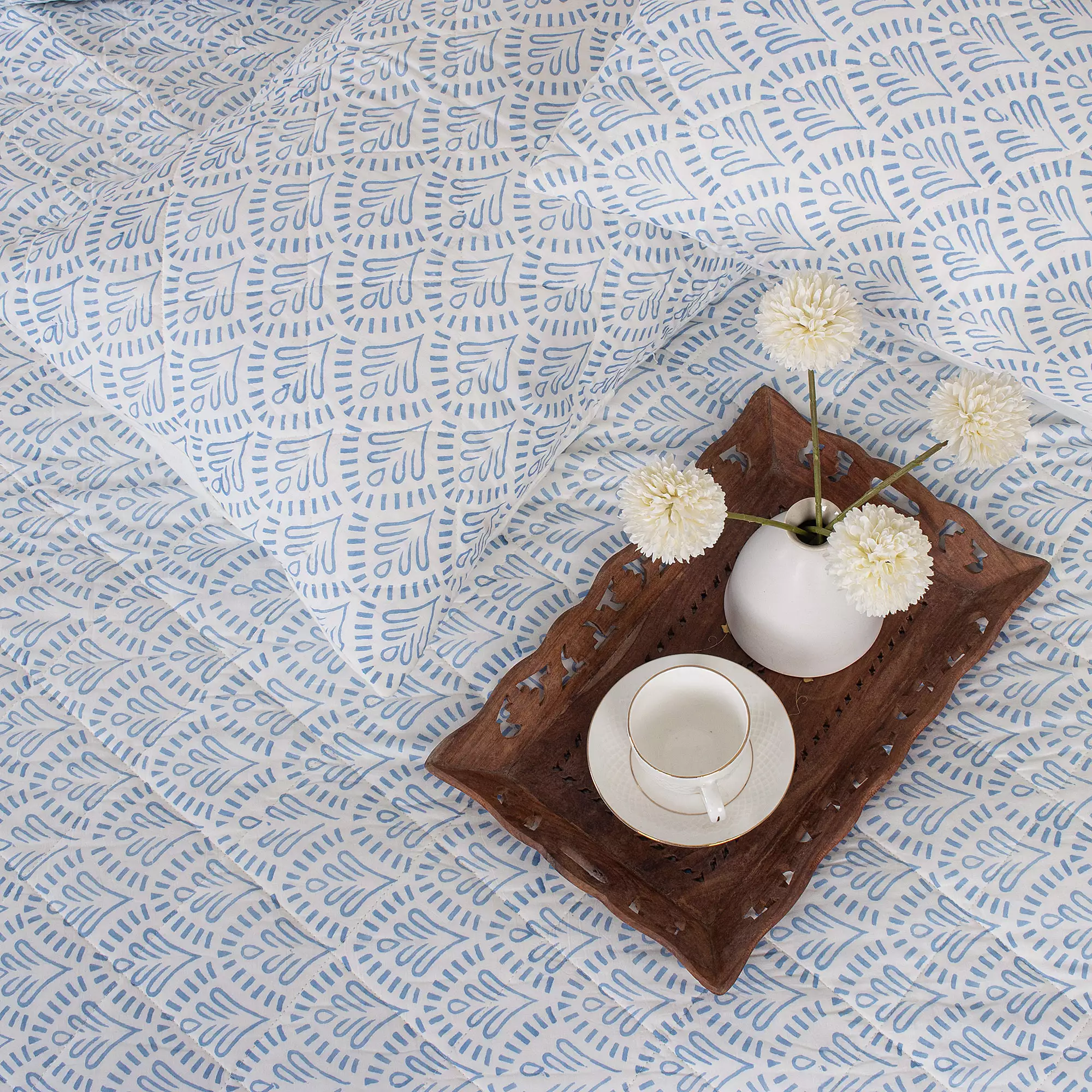 Blue Floral Hand Block Printed Machine Quilts Best Cotton Blanket - Image 2