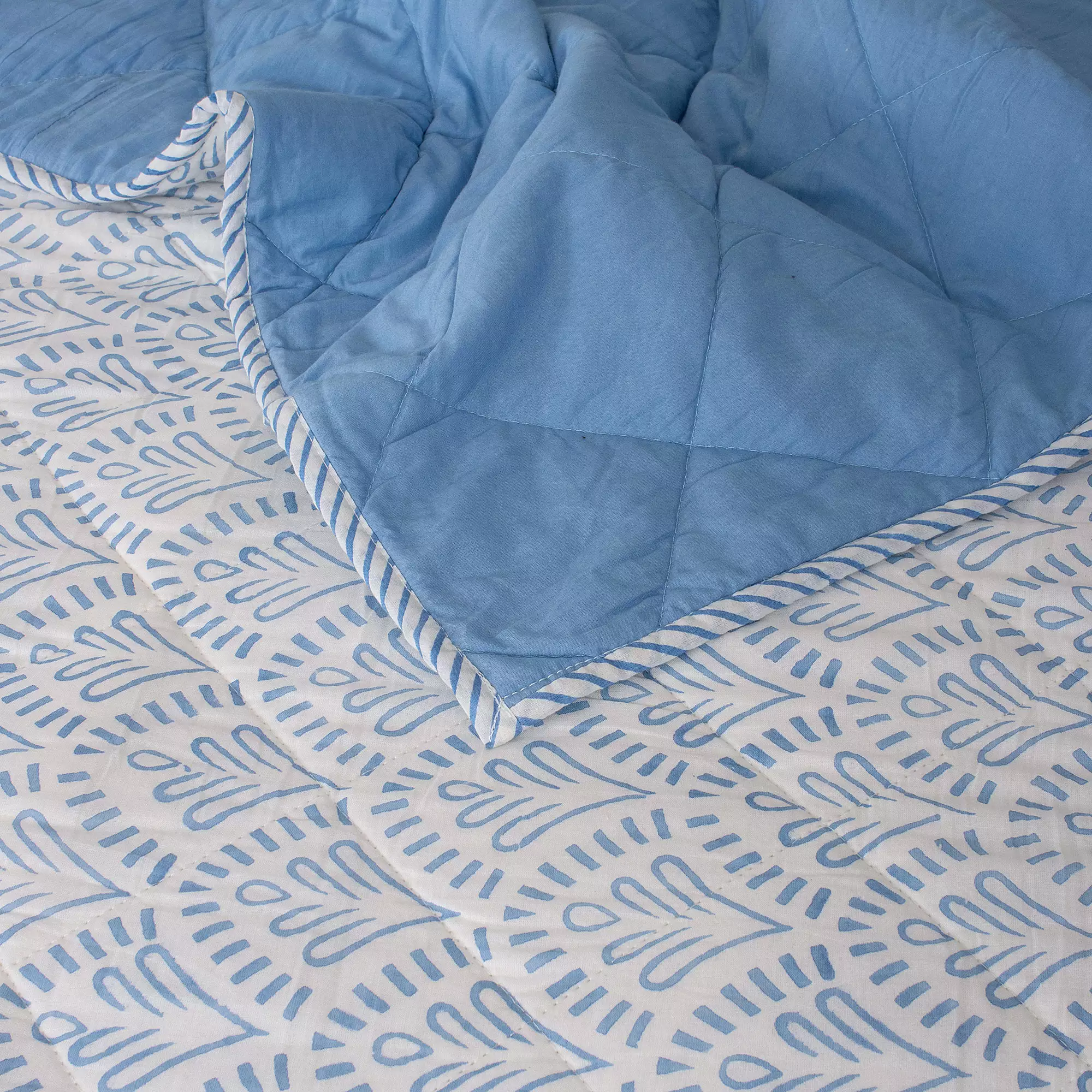 Blue Floral Hand Block Printed Machine Quilts Best Cotton Blanket - Image 4