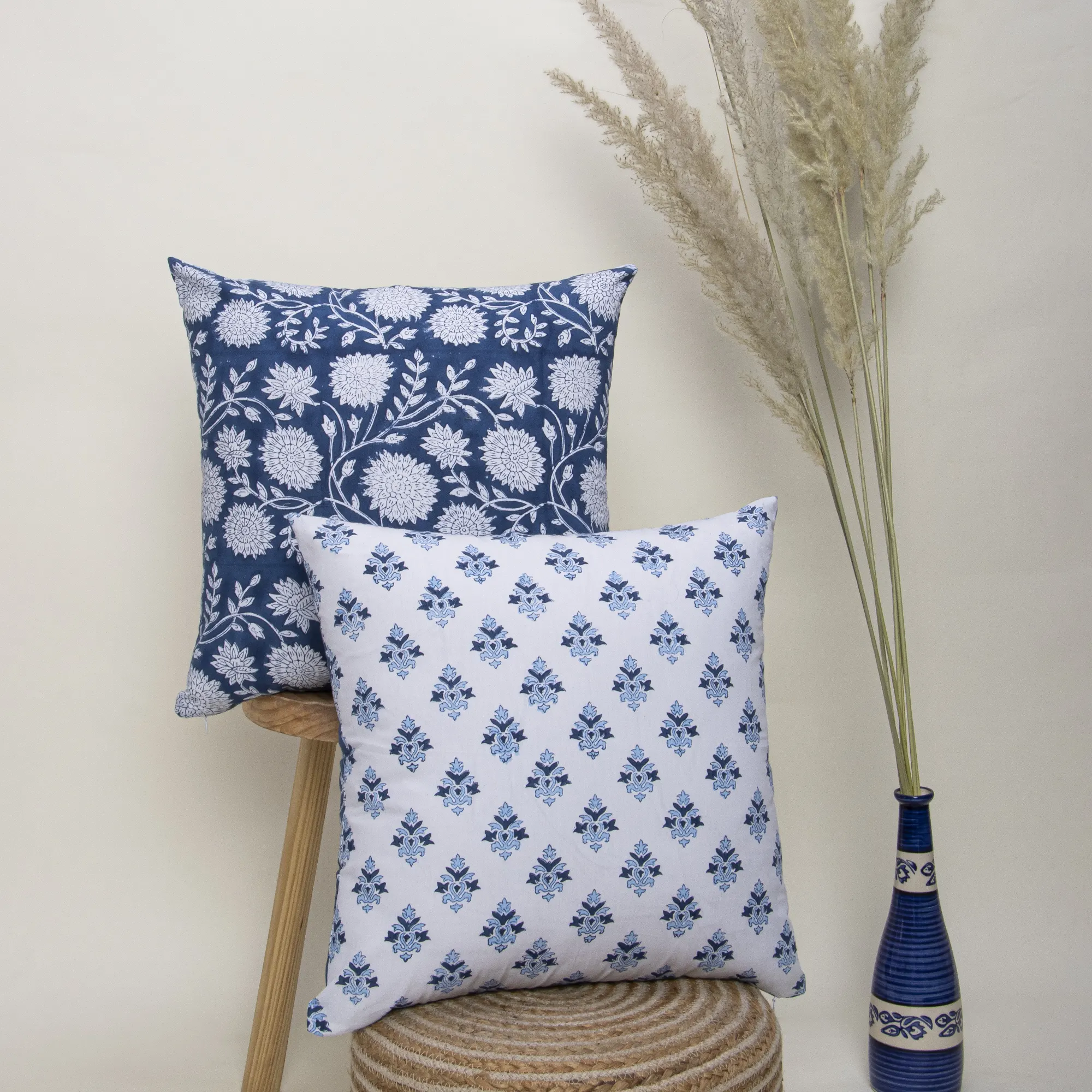 Modern Blue Floral Hand Block Printed Cotton Cushion Cover - Image 2