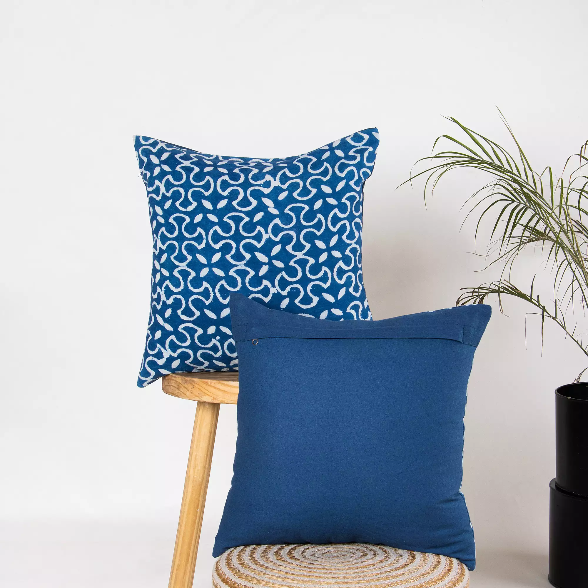 Blue Floral Hand Block Printed Sofa Cushion Cover - Image 2