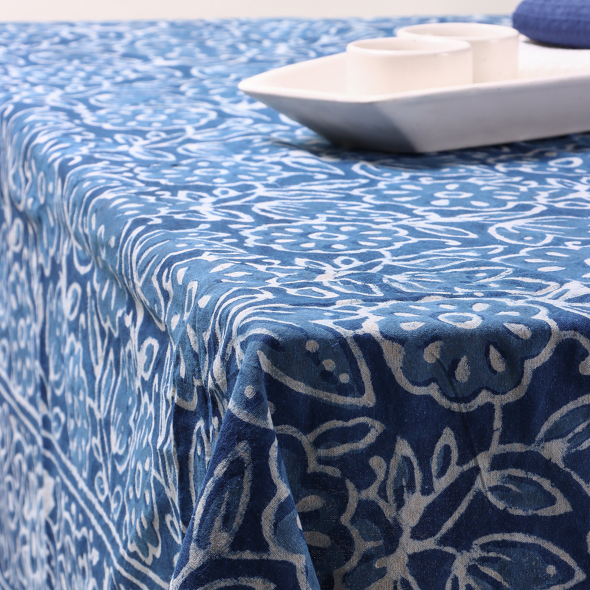 Blue Floral Handcrafted Block Printed Cotton Dining Tablecloth - Image 3