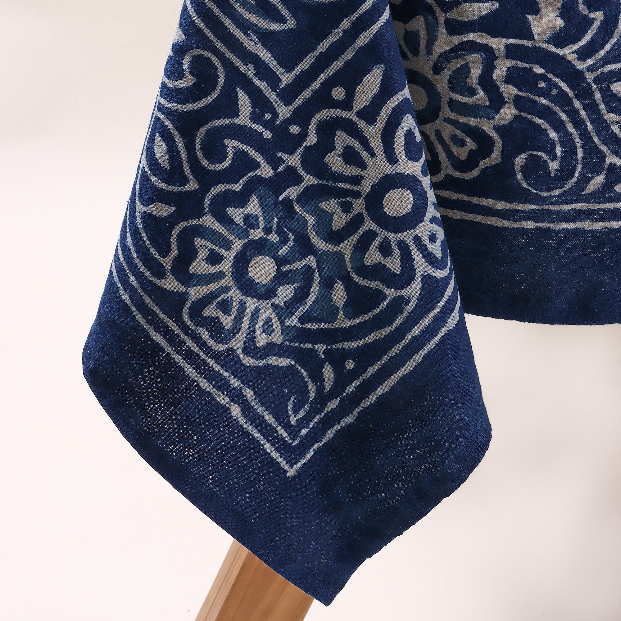 Blue Floral Handcrafted Block Printed Cotton Dining Tablecloth - Image 4