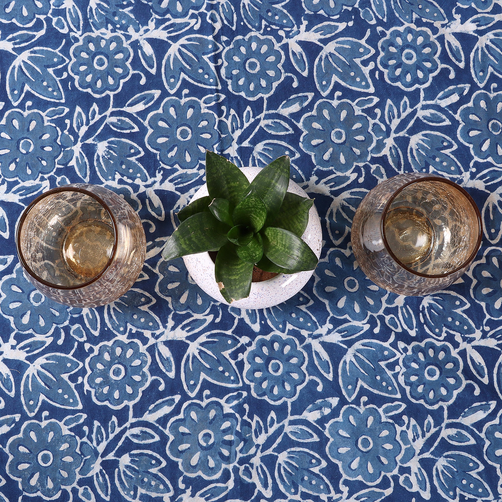 Blue Floral Handcrafted Block Printed Cotton Dining Tablecloth - Image 5