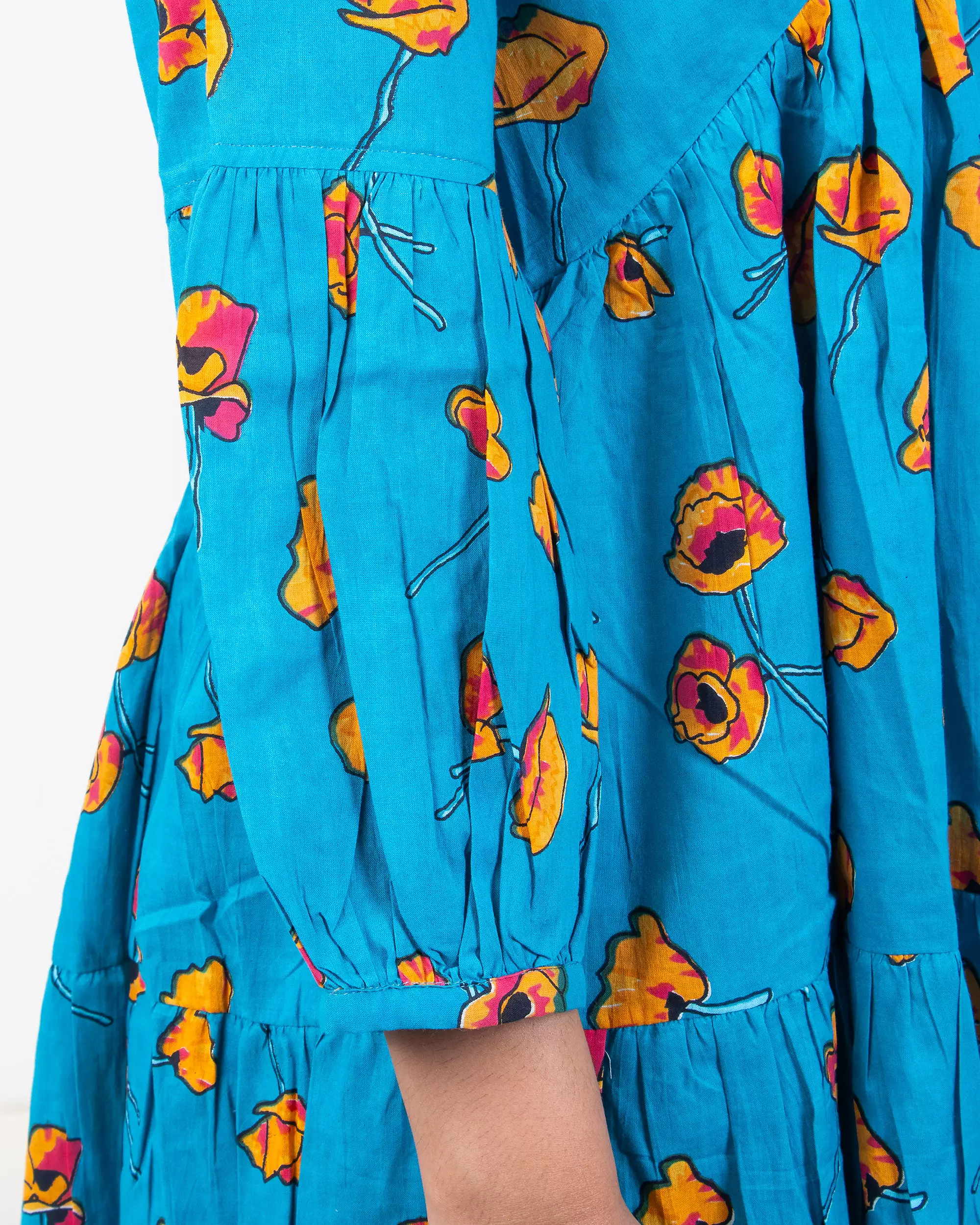 Blue Hand Block Printed Floral Maxi Dress - Image 3
