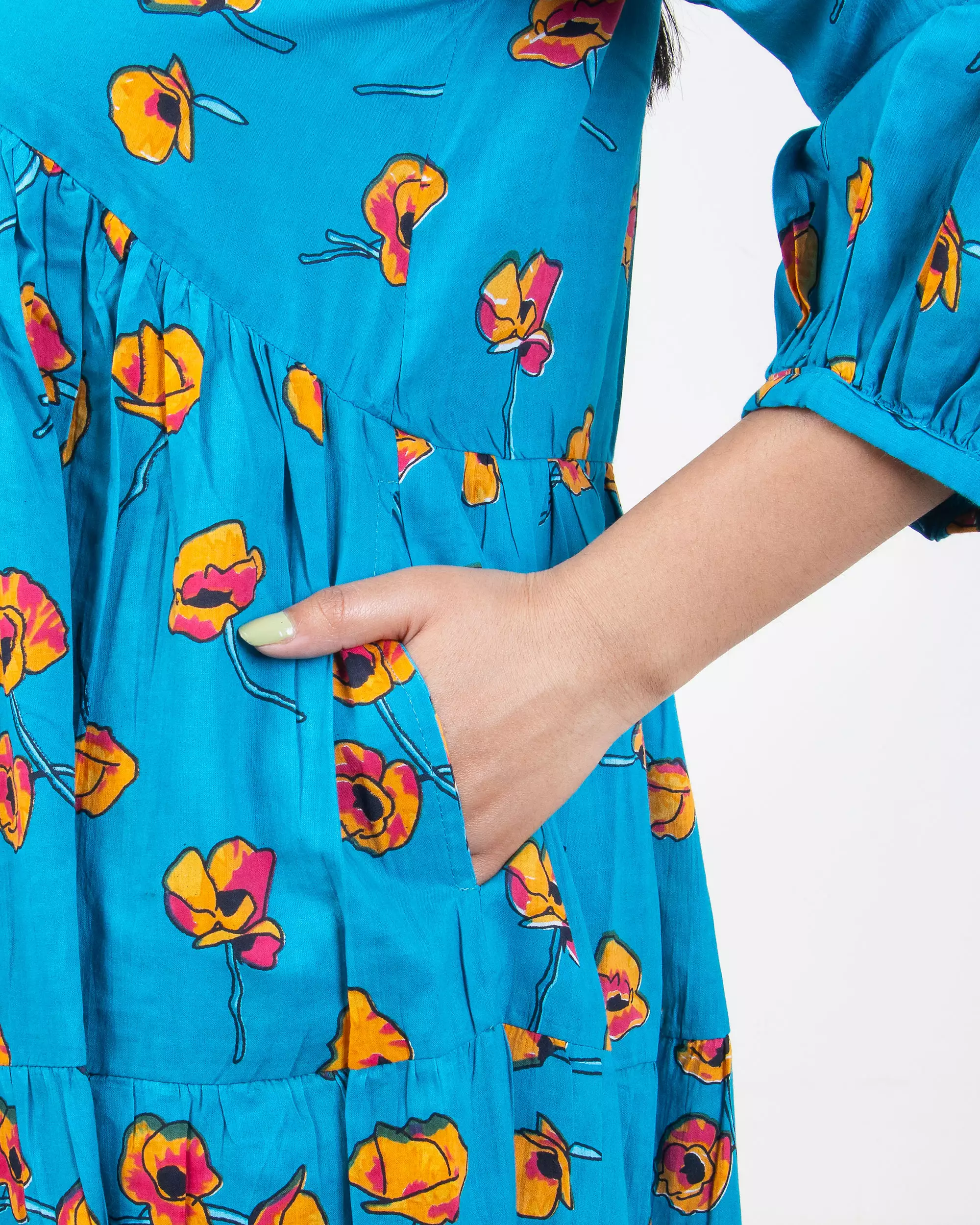 Blue Hand Block Printed Floral Maxi Dress - Image 4