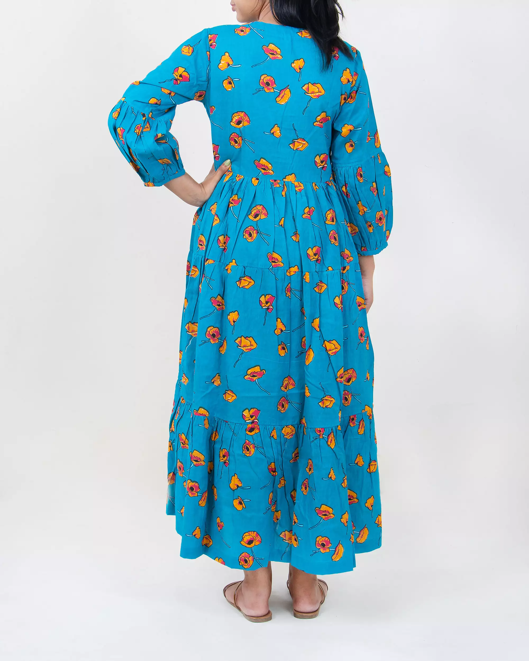 Blue Hand Block Printed Floral Maxi Dress - Image 5