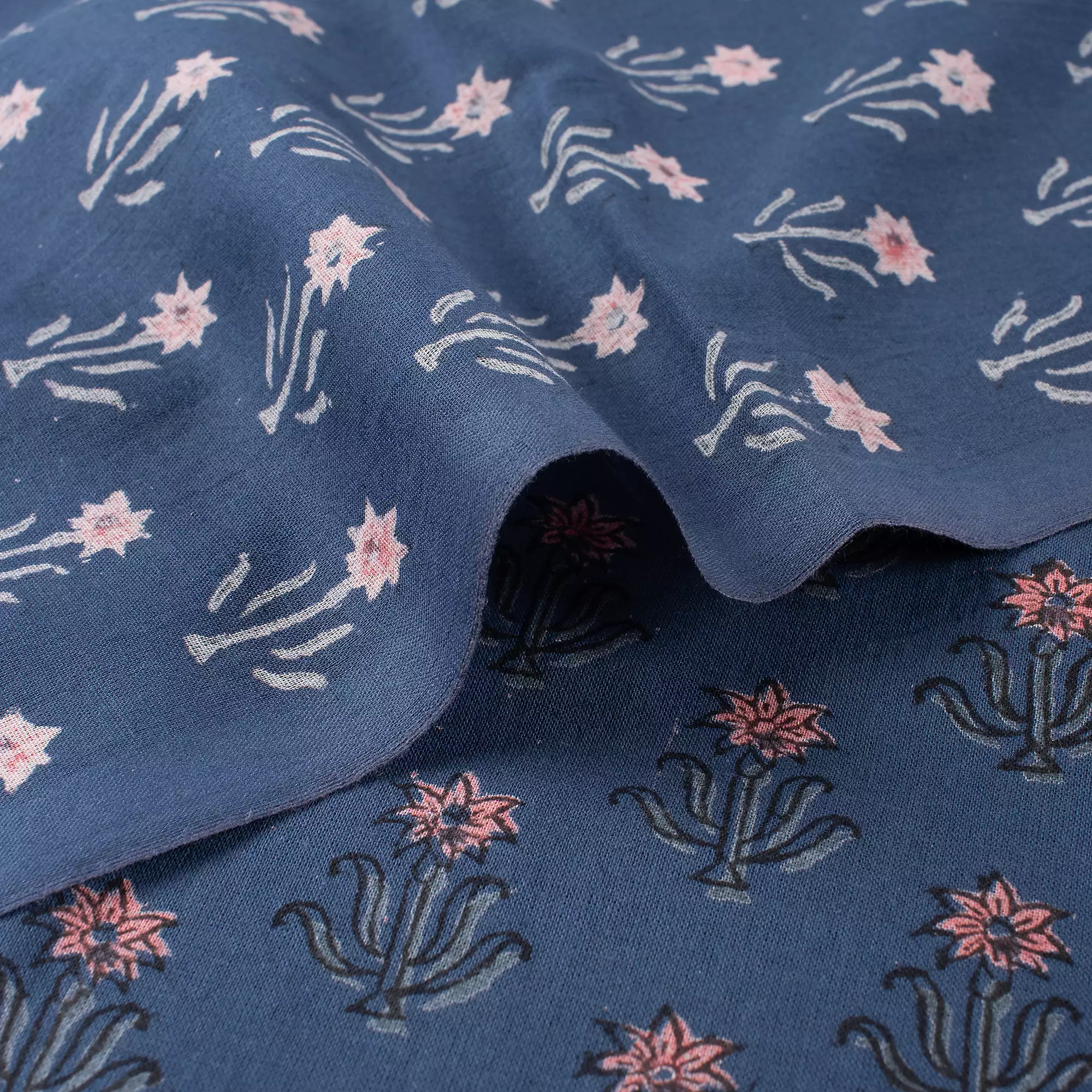Blue Floral Printed Discharge Cloting Fabric - Image 2