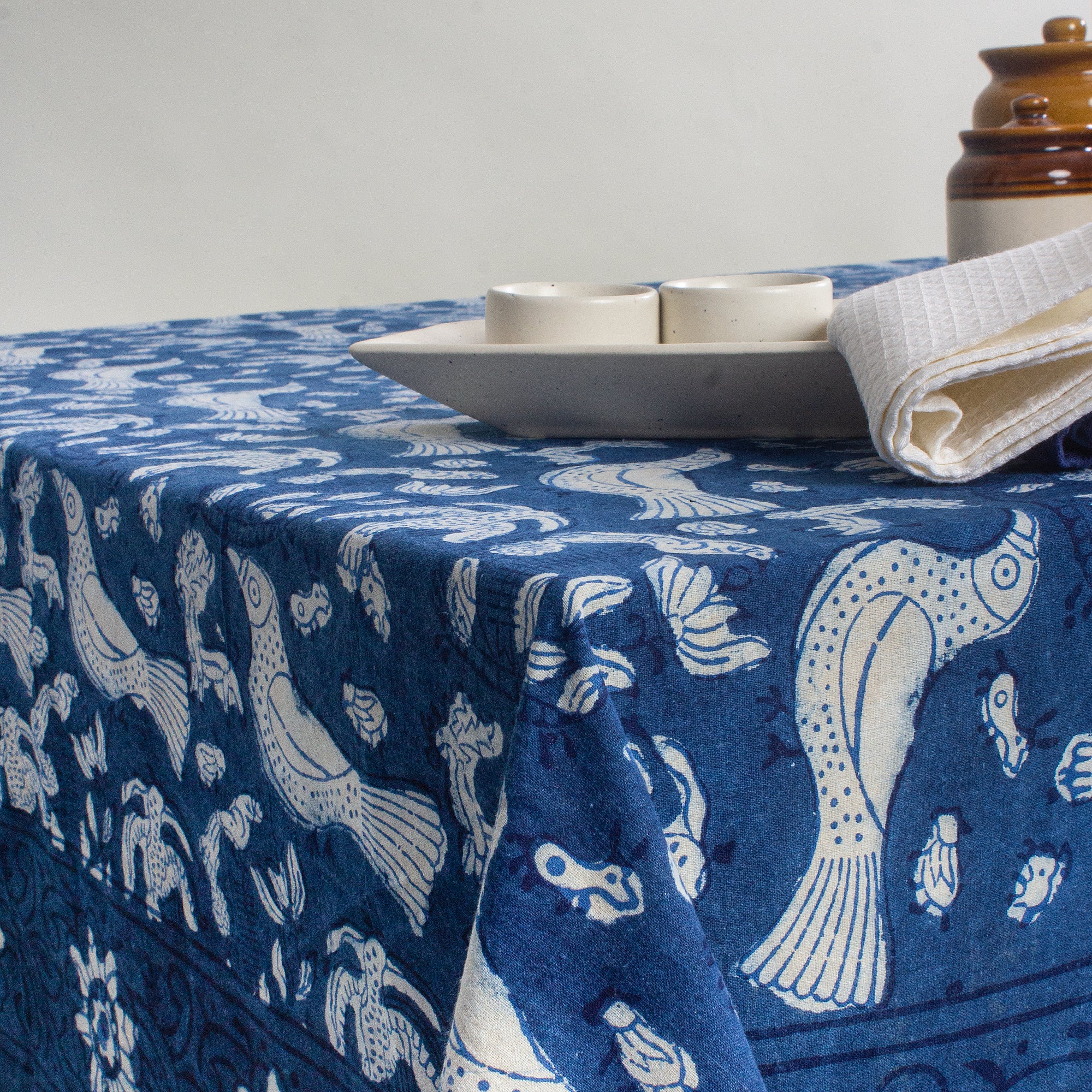 Blue Hand Block Printed Cotton Dinning Table Cloth - Image 4