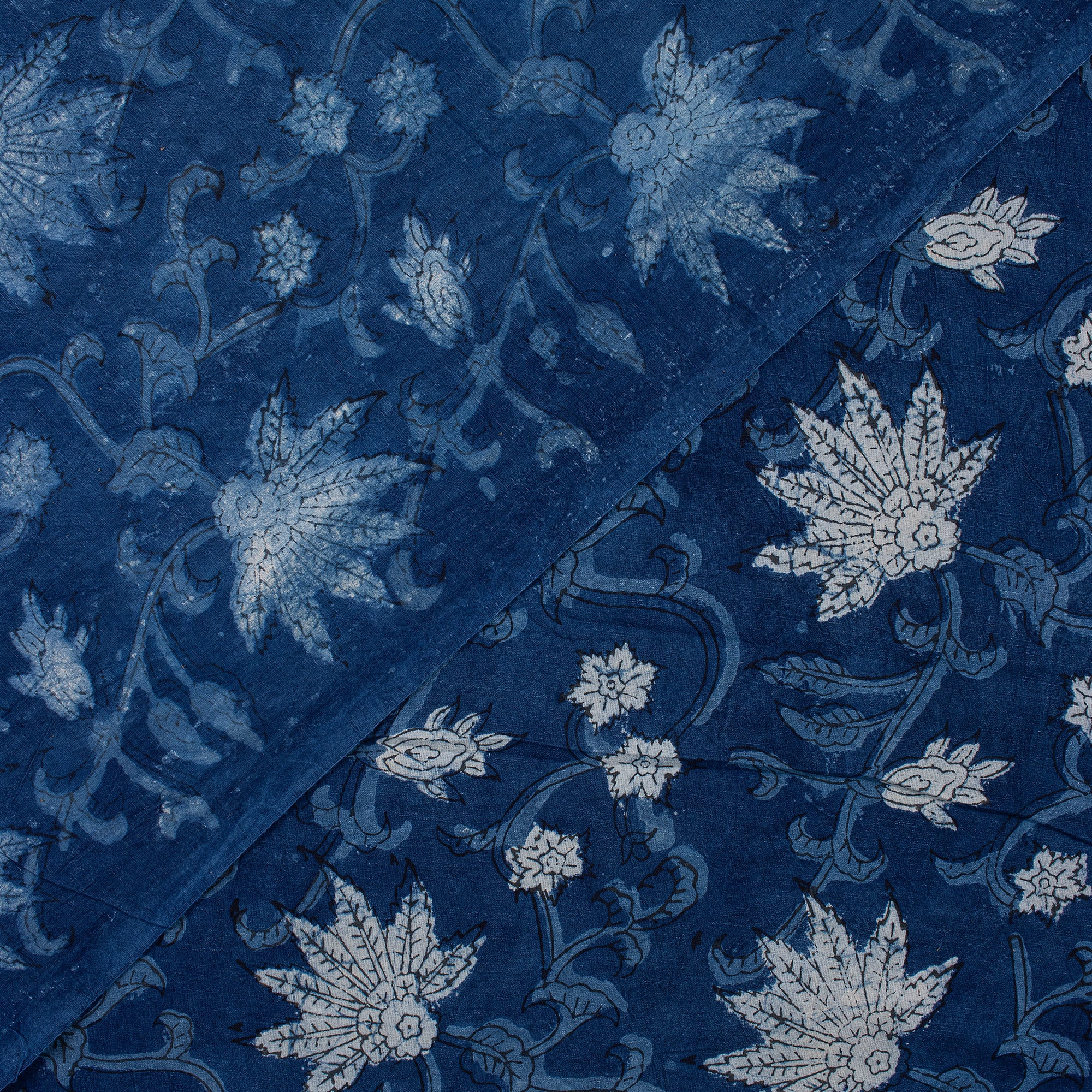 Blue Indigo Dyed Soft Floral Block Printed Fabric - Image 3
