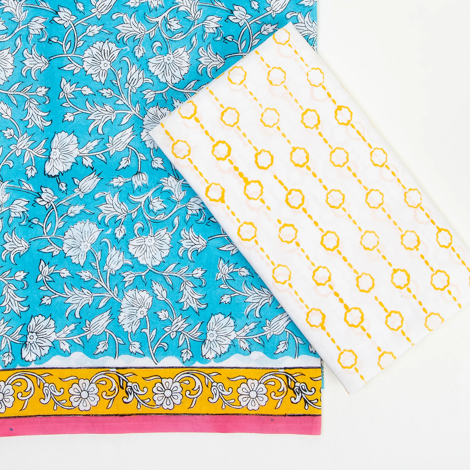 Handmade Blue Leaf Print Woman Unstitched Suit Set Organza Dupatta - Image 2