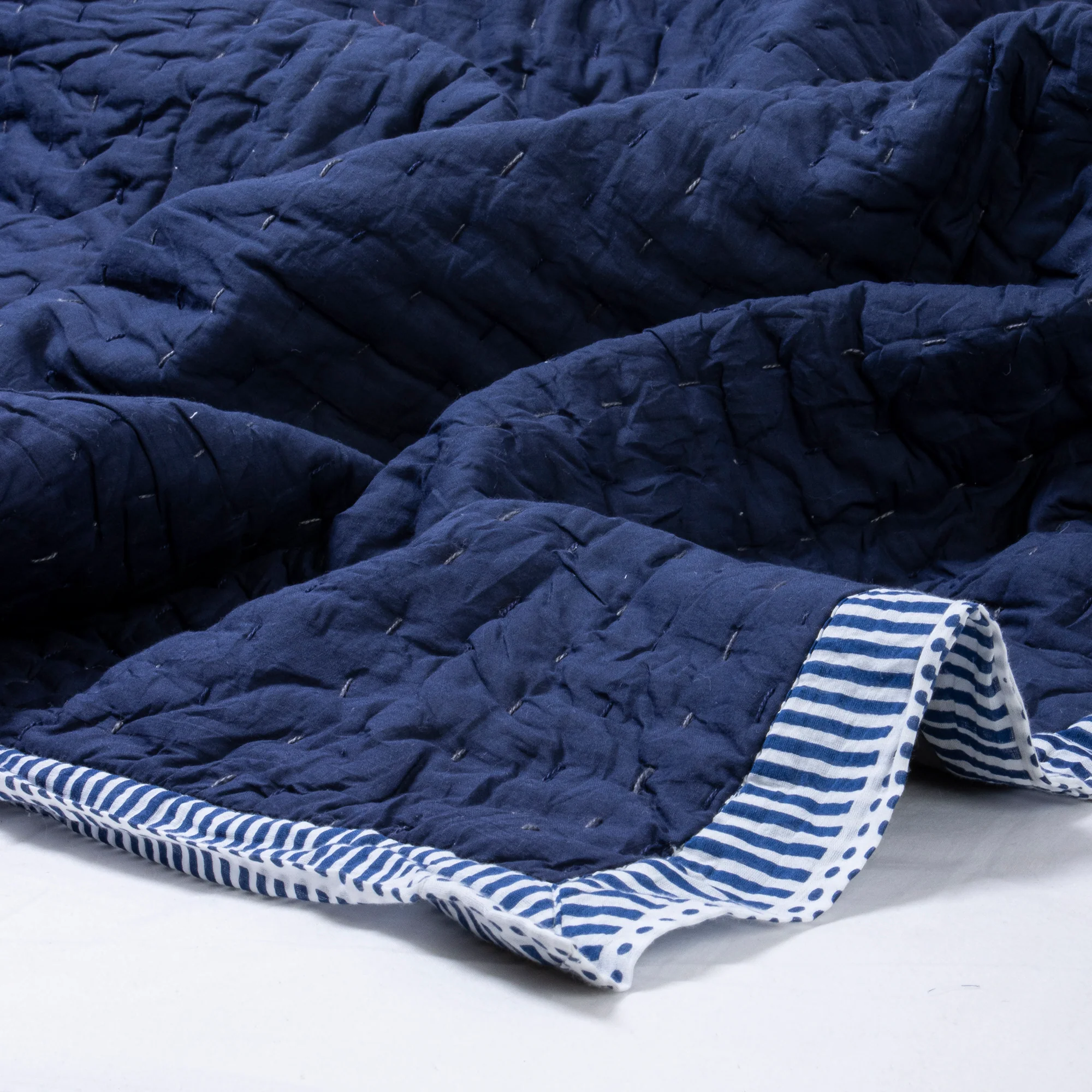 Indian Solid Blue Hand Stitched Cotton Kantha Blankets for Home Decor - Image 3
