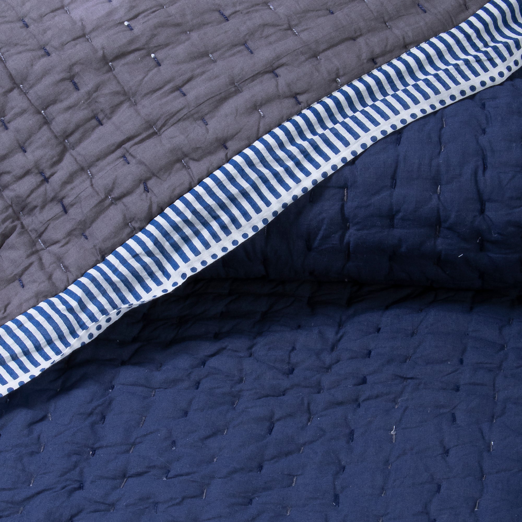 Indian Solid Blue Hand Stitched Cotton Kantha Blankets for Home Decor - Image 5