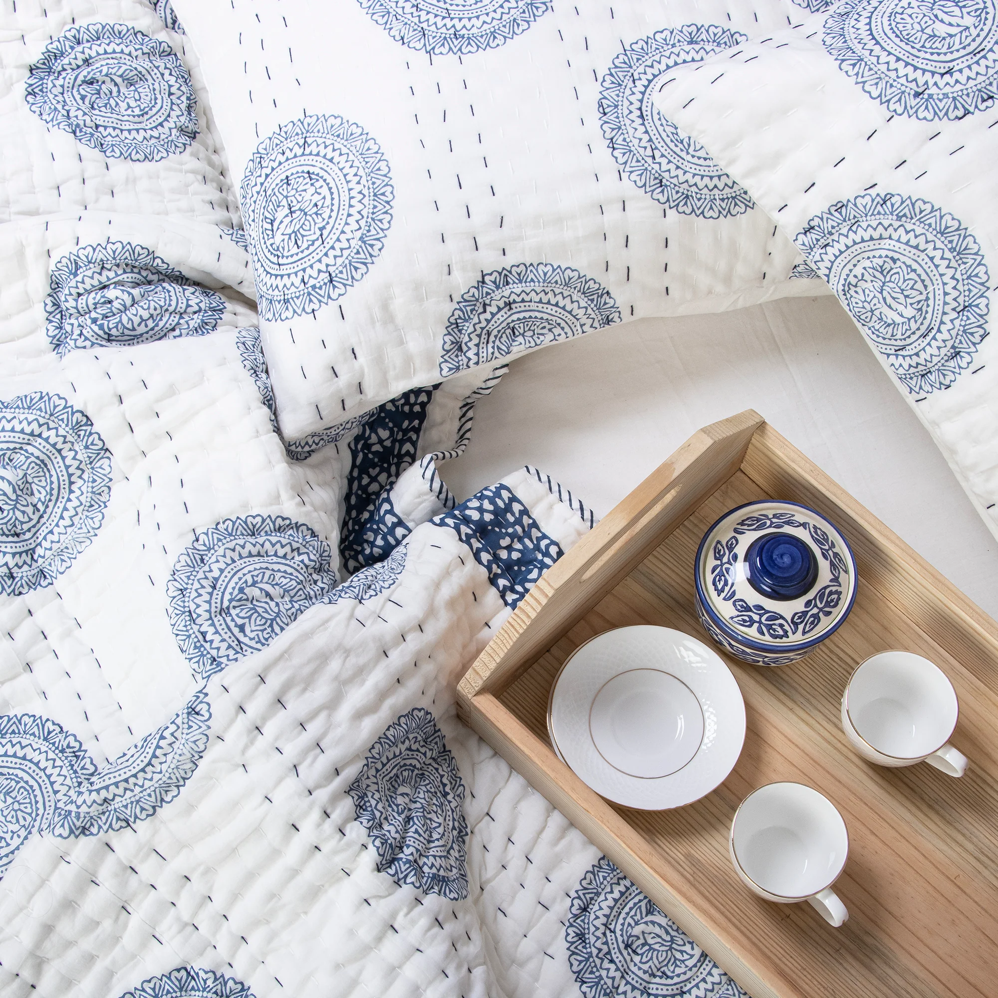 Blue Rangoli Hand Block Print Cotton Kantha Quilt Blanket - Image 4