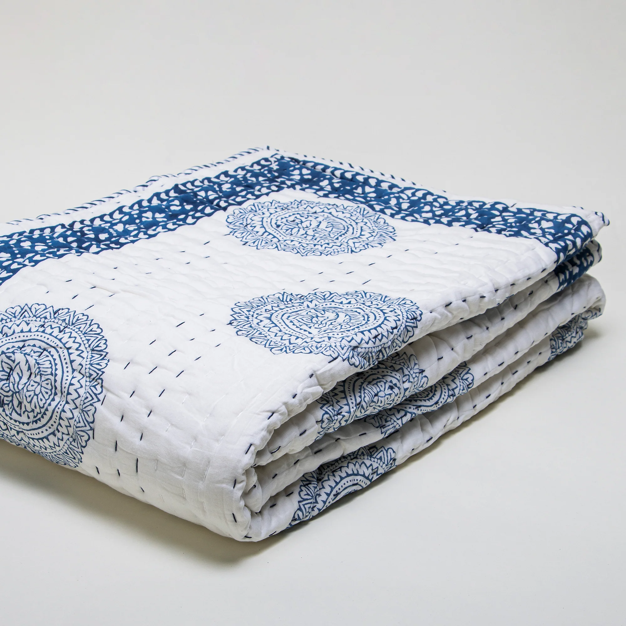 Blue Rangoli Hand Block Print Cotton Kantha Quilt Blanket - Image 6