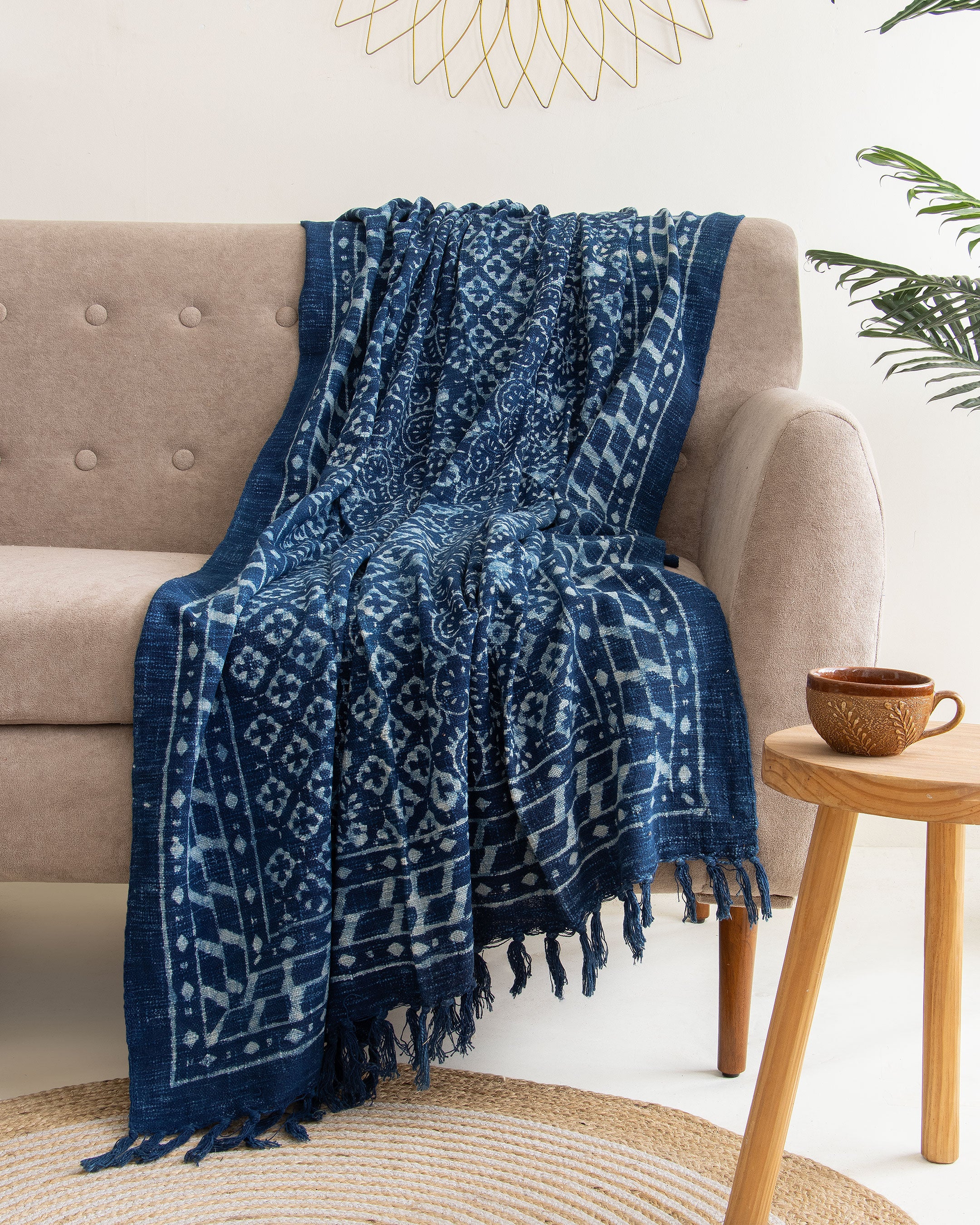 Stylish Handmade Block Printed Blue Sofa Throw Blanket
