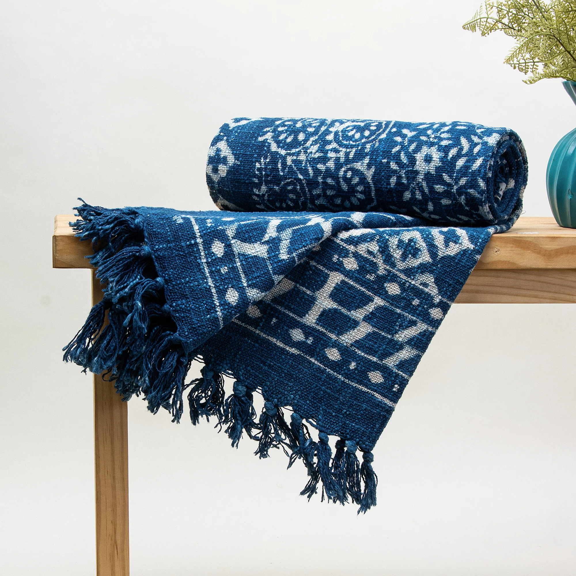 Stylish Handmade Block Printed Blue Sofa Throw Blanket - Image 2