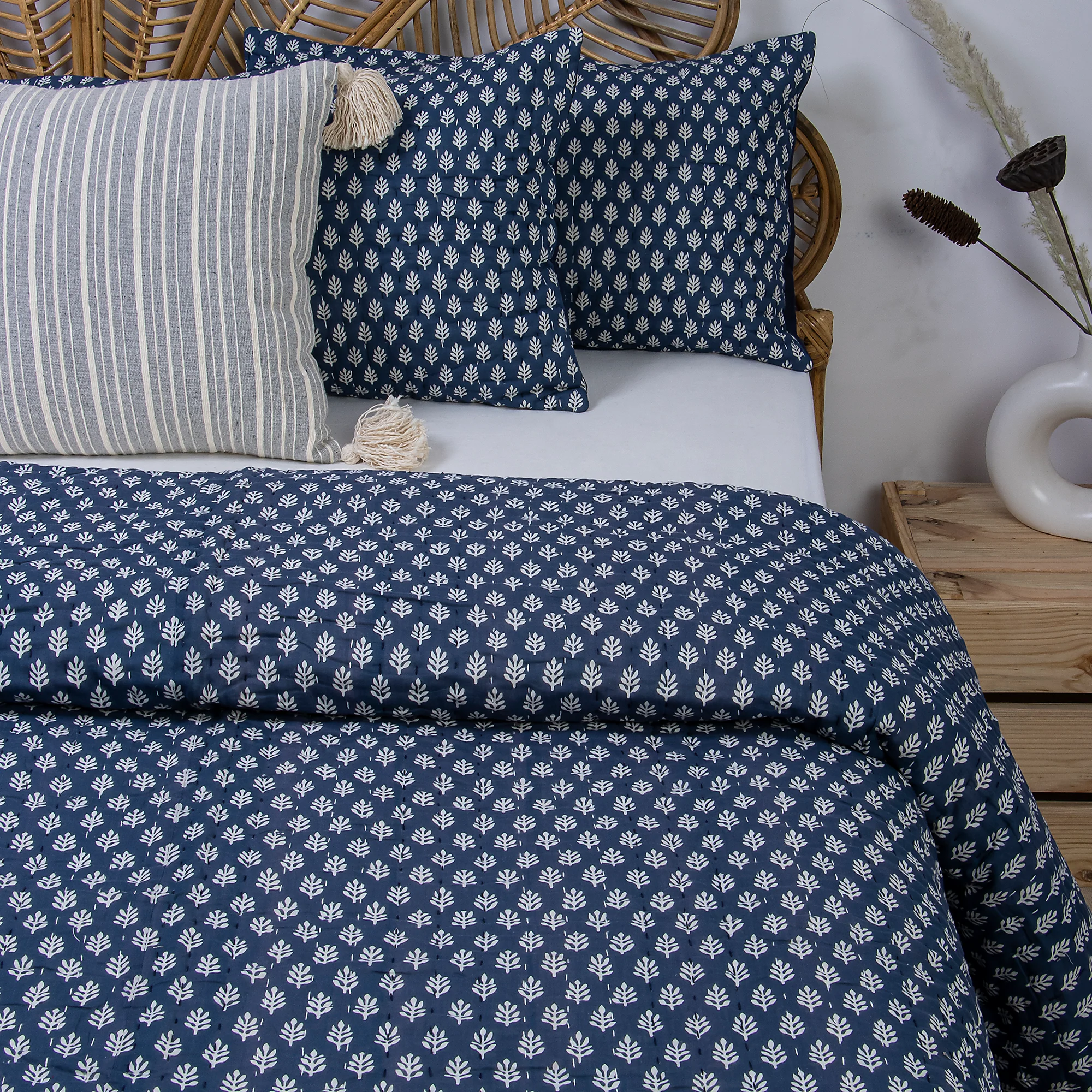 Dark Blue Buti Indian Hand Stitched Cotton Kantha Quilt