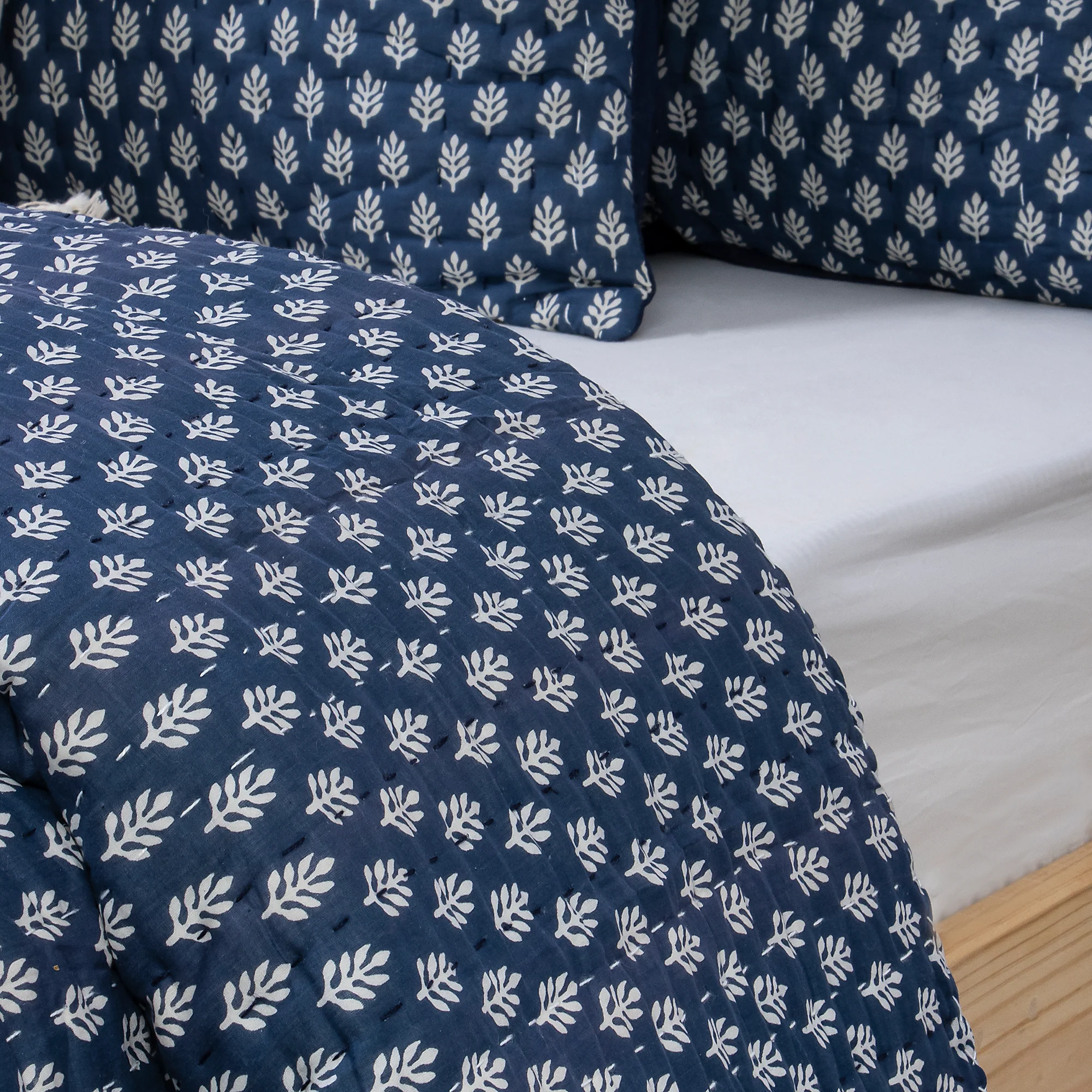 Dark Blue Buti Indian Hand Stitched Cotton Kantha Quilt - Image 2