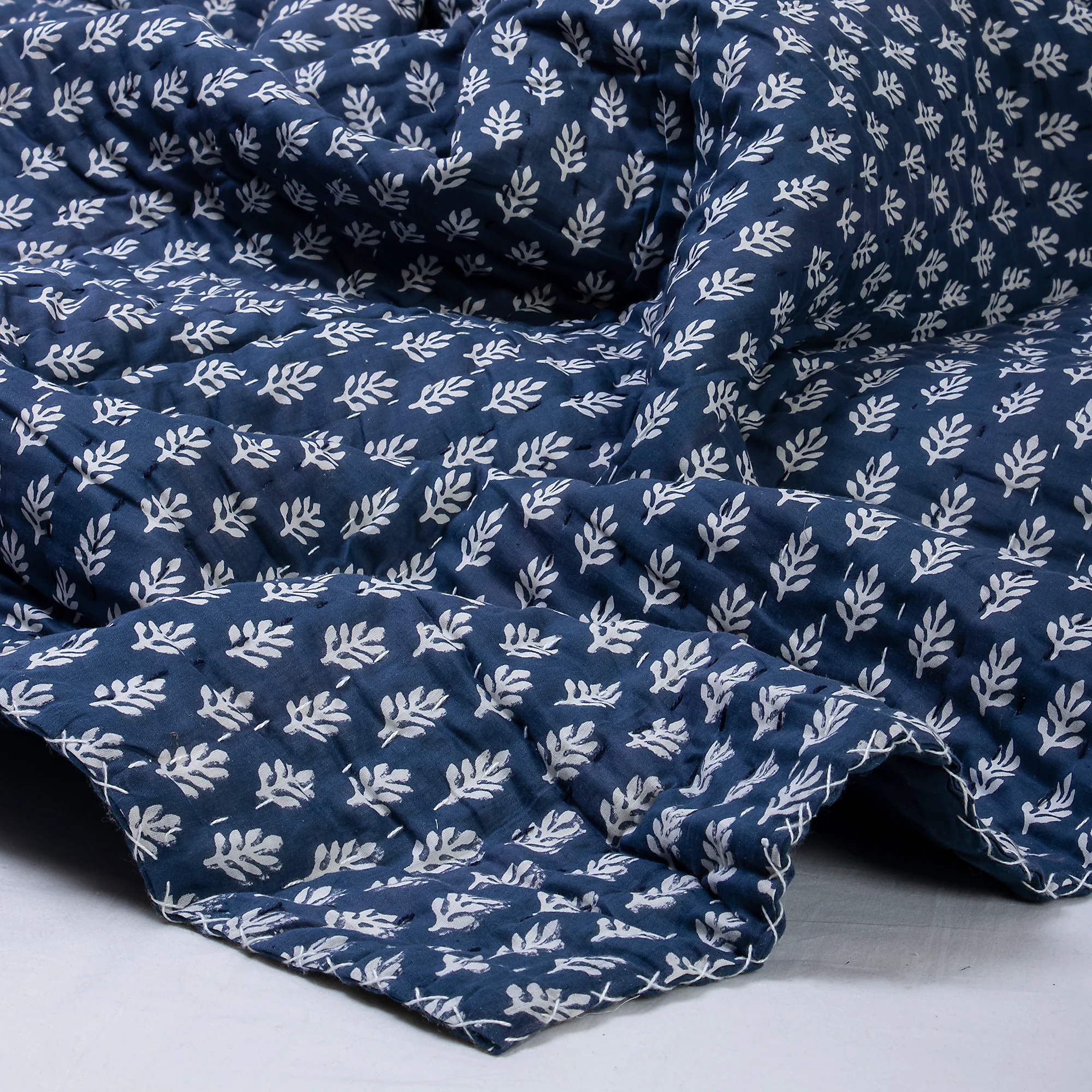 Dark Blue Buti Indian Hand Stitched Cotton Kantha Quilt - Image 3
