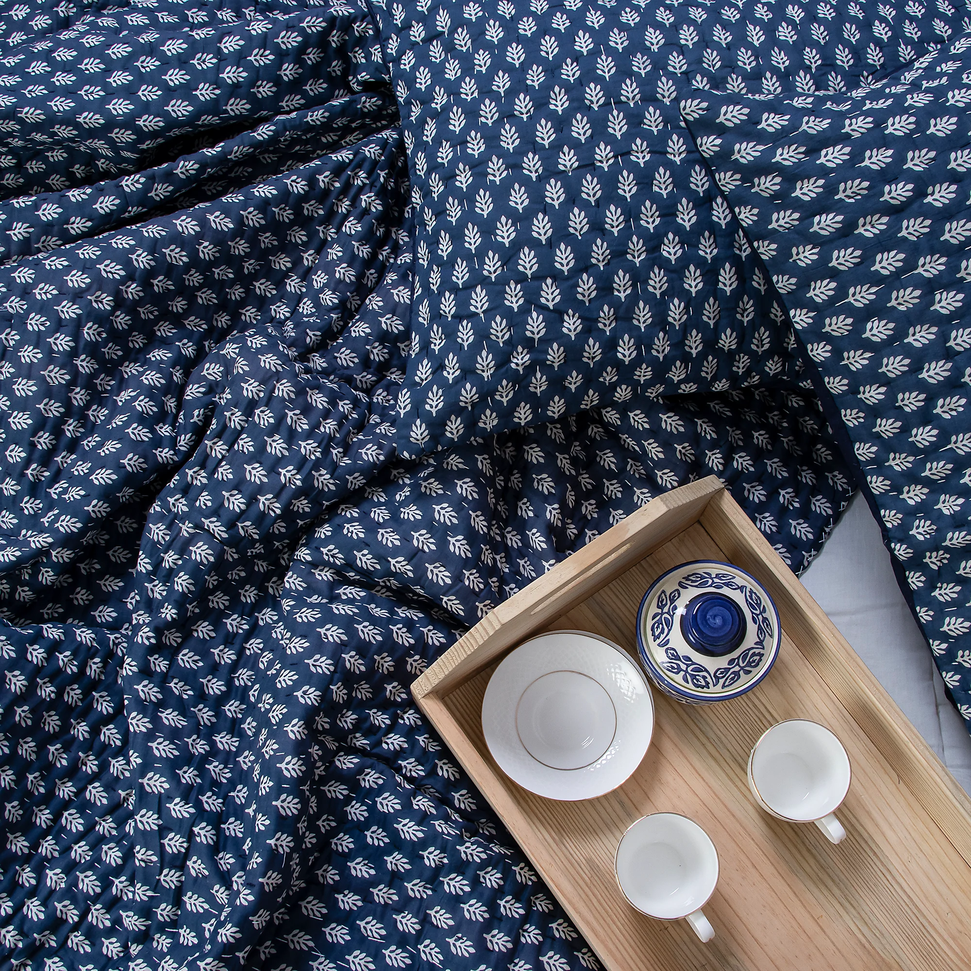 Dark Blue Buti Indian Hand Stitched Cotton Kantha Quilt - Image 4