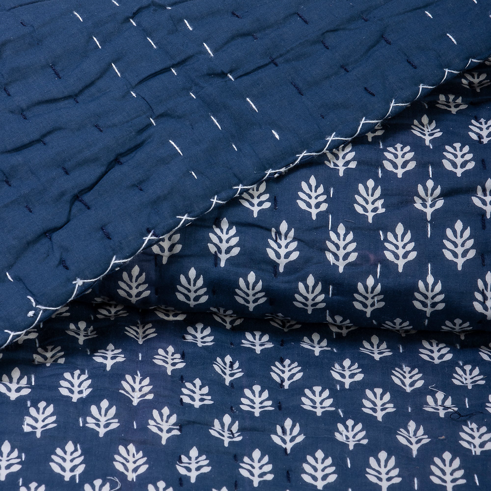 Dark Blue Buti Indian Hand Stitched Cotton Kantha Quilt - Image 5