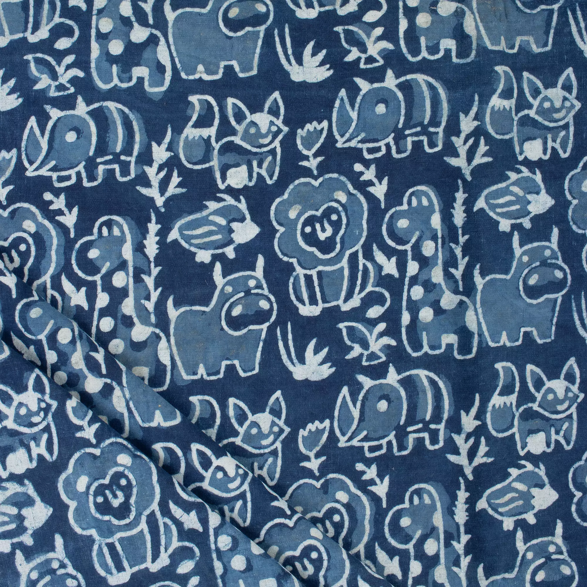 Blue Wildlife Pattern Pure Cotton Indigo Fabric - Image 2