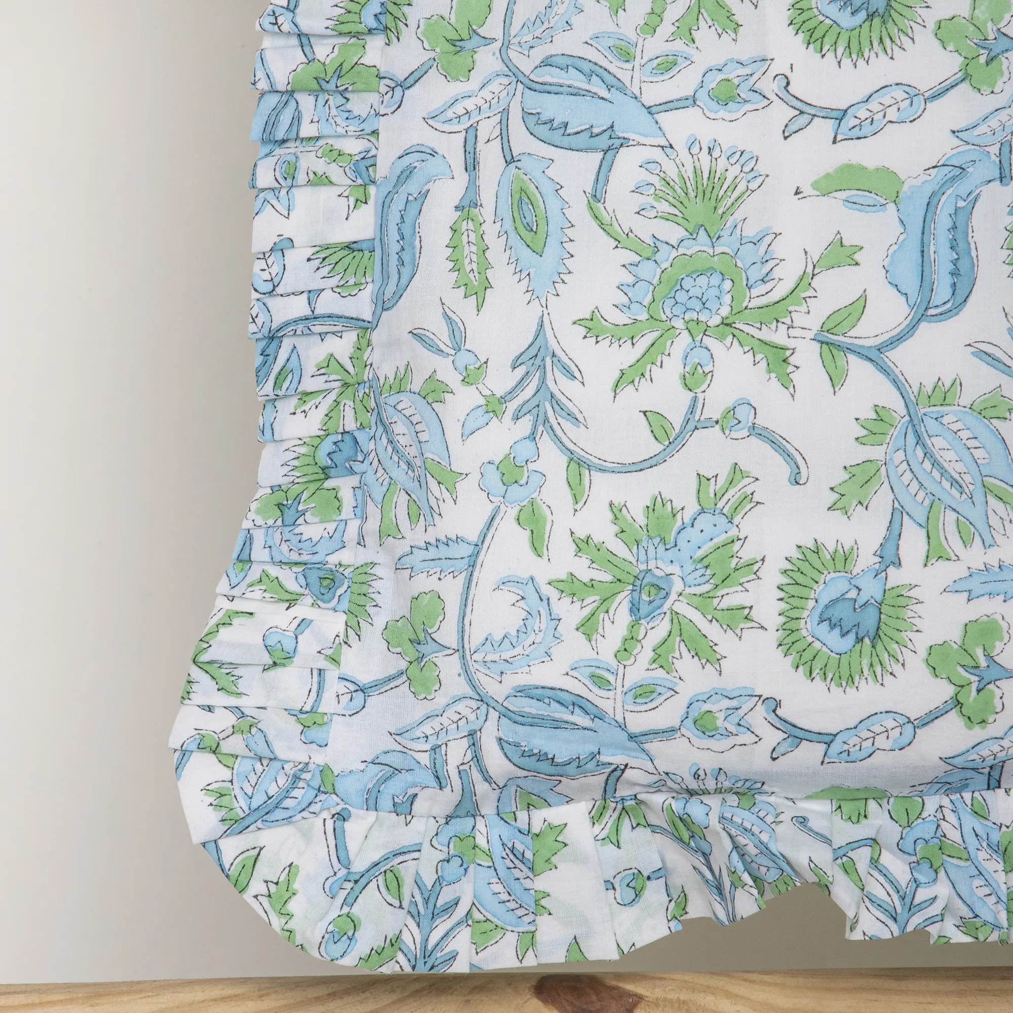 Indian Blue Floral Hand Blocked Printed Pure Cotton Ruffle Tote Bags - Image 5
